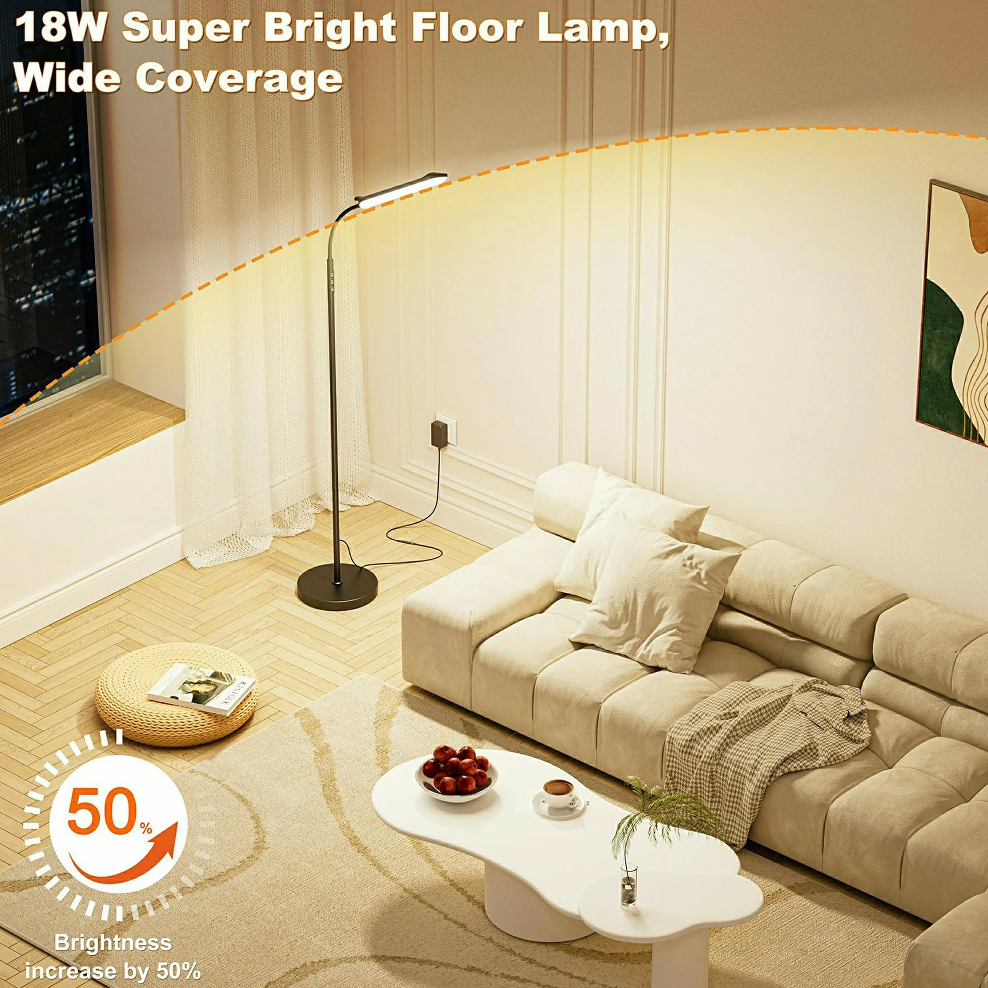 Lampara de Pie LED Regulable 18W Control Remoto Botones Tactiles Ajuste Temperatura Color Brillo Sala Estar Dormitorio Oficina