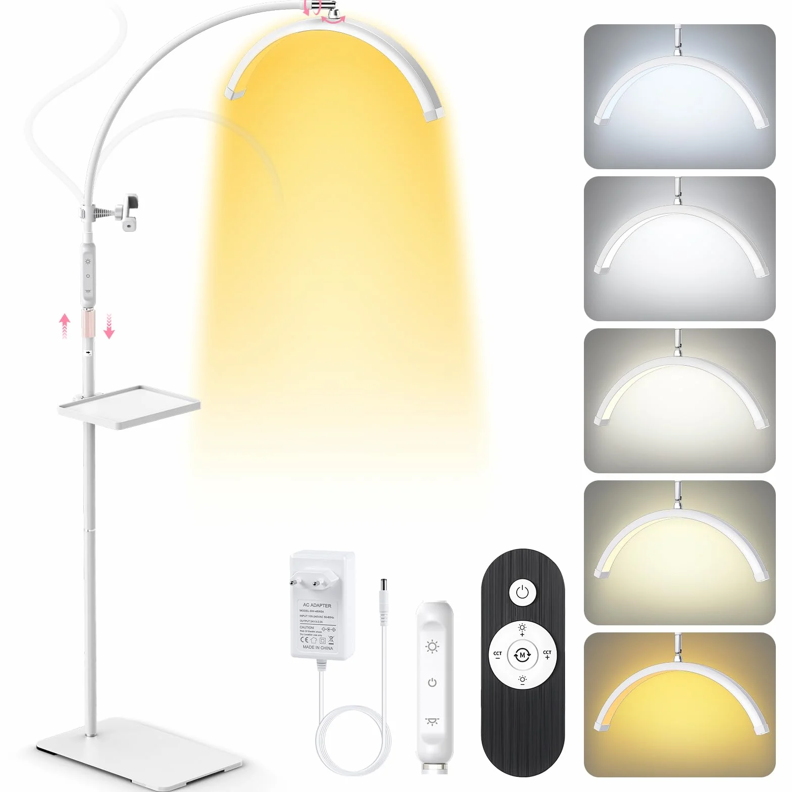 Lampara LED de Pie para Extensiones de Pestañas 18" Plegable 5 Colores Regulables Rotación 360° Blanco