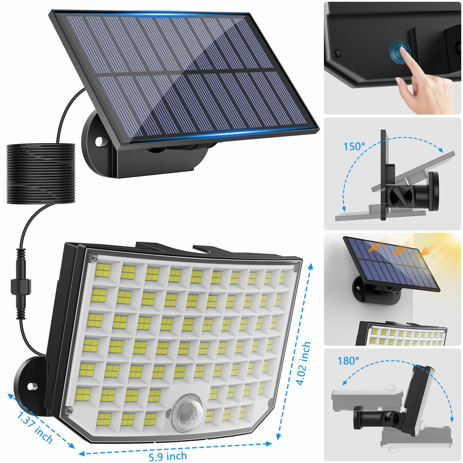 Luces Solares Exterior Jardin, Foco Solar 256 LED 2 Paquete Separar Lampara Solar con Mando a Distancia 3 Modes IP65 con Sensor de Movimiento para Garajes Caminos