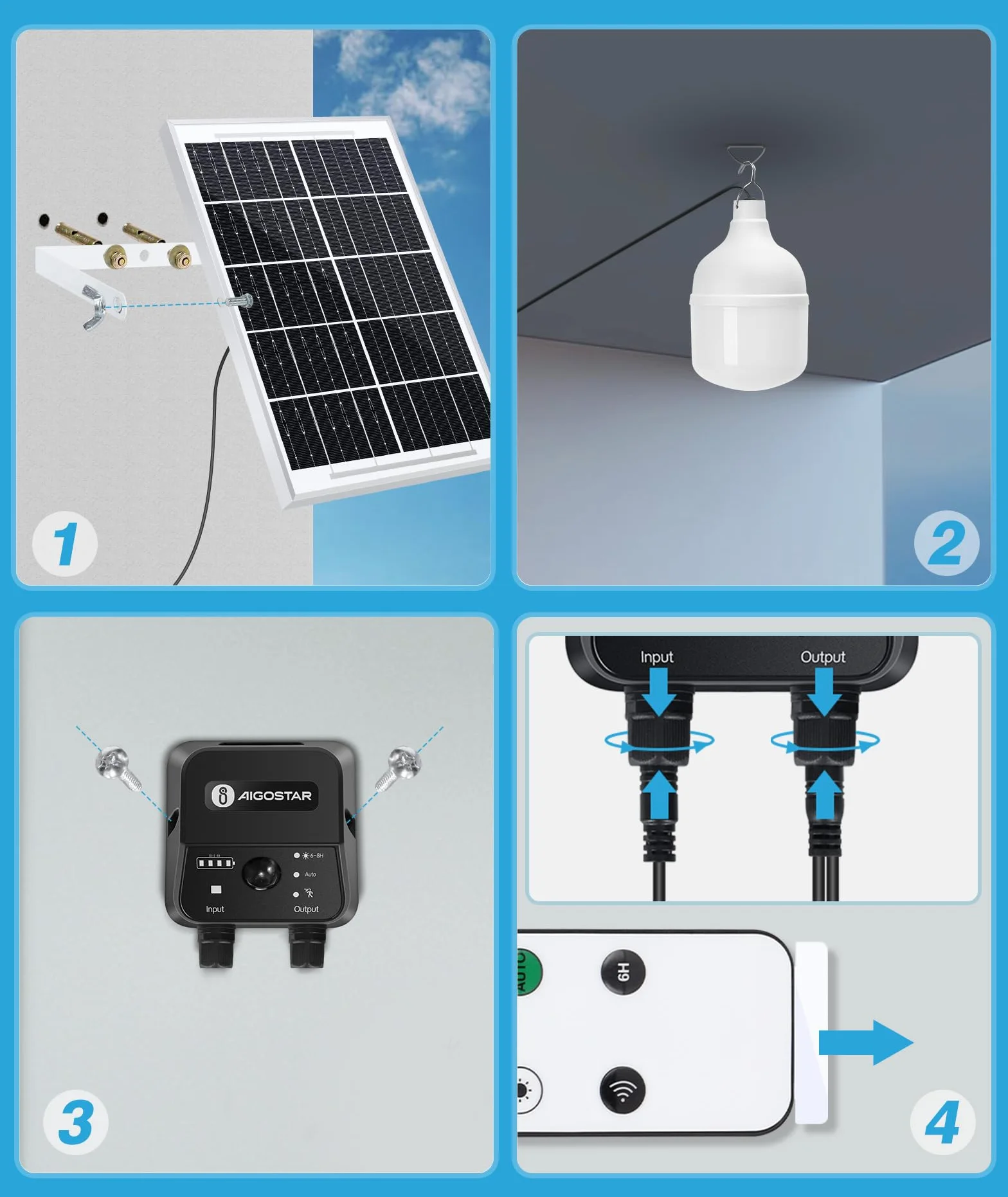 Aigostar- Luz Solar Exterior con Sensor 70W, Lámpara Solar Exterior con Mando a Distancia y Caja de Almacenamiento de Energía, Cable de 11M, IP65 Impermeable, para Interior, Jardín, Camping, Pesca
