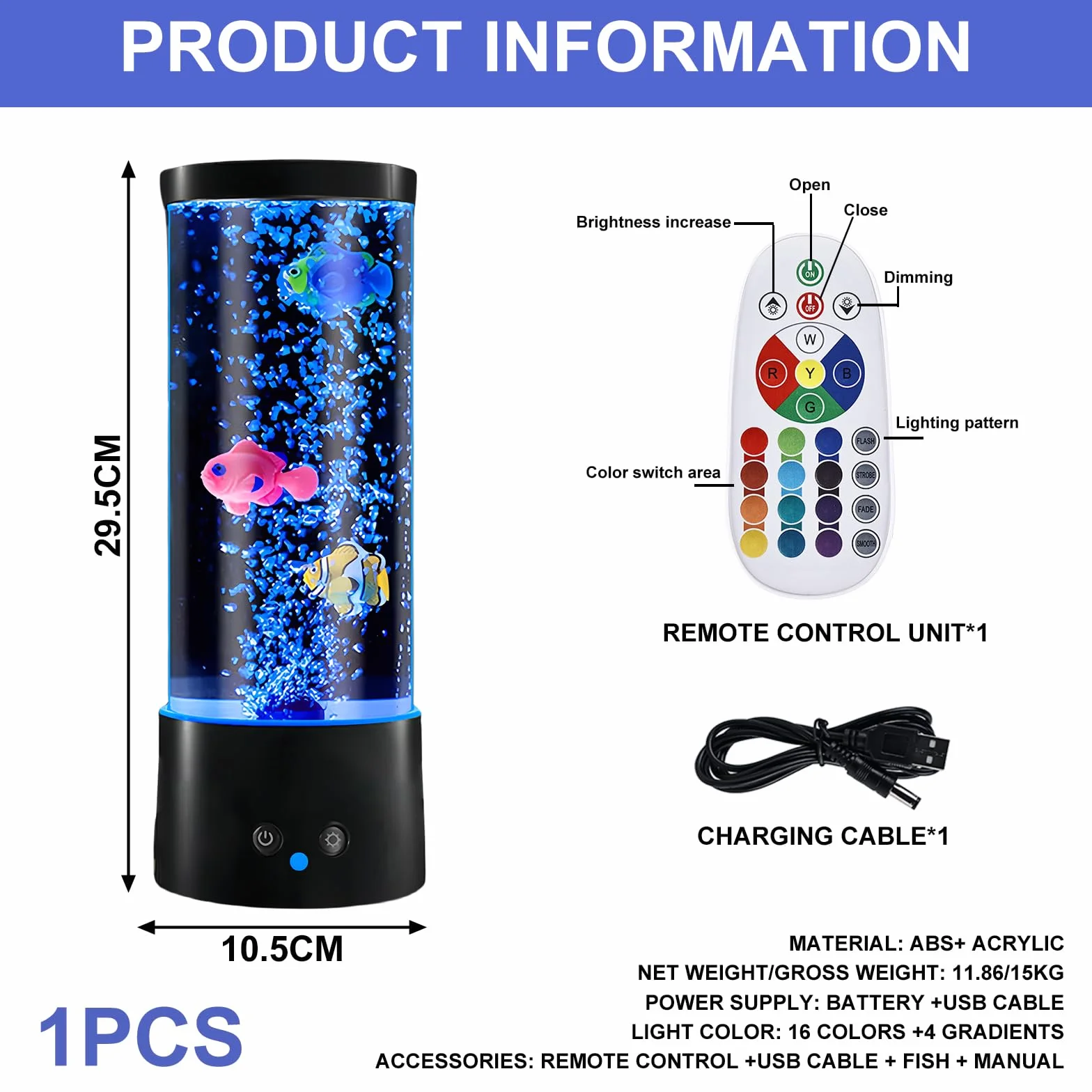 Lámpara de Lava Con Pez y Burbujas - 16 Colores y 4 Modos - Mando a Distancia - Ambiente Para Acuario - Cable USB