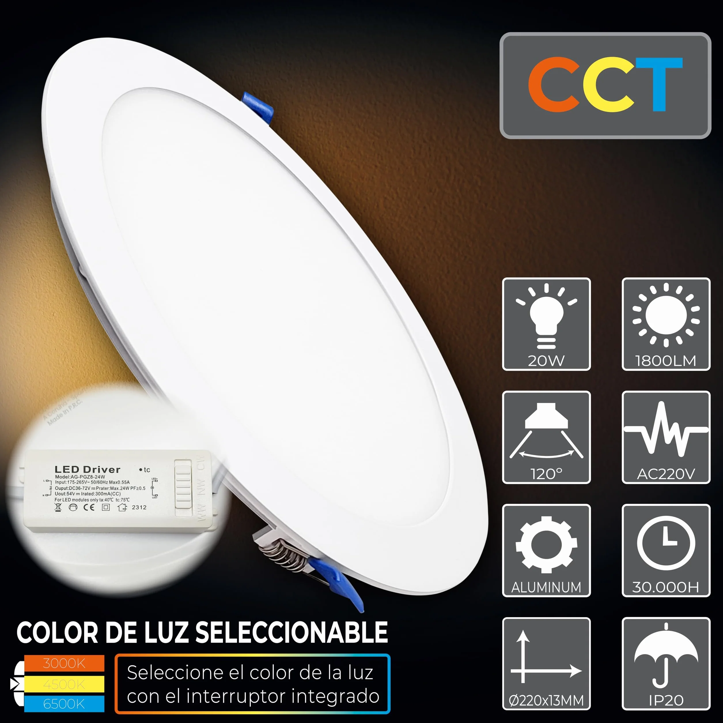 LED ATOMANT Pack 10x Downlight LED Panel Extraplano Redondo 220mm 20W CCT 1800 Lumenes Driver Incluido