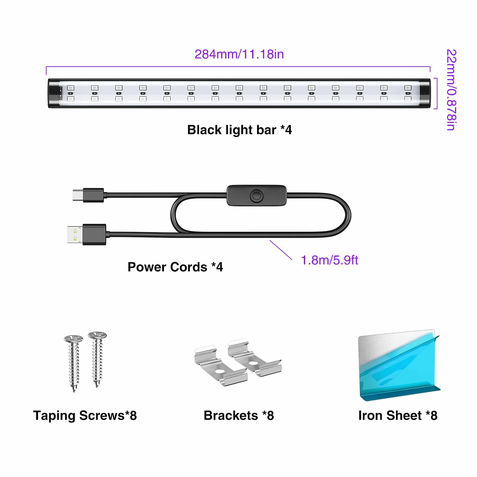 Onforu 10W tubo de luz negra, USB 28cm lámpara, 385-400nm luz UV, negra LED UV bar para discoteca, club, fiesta de resplandor, accesorios de fiesta, decoración de Halloween,4pcs