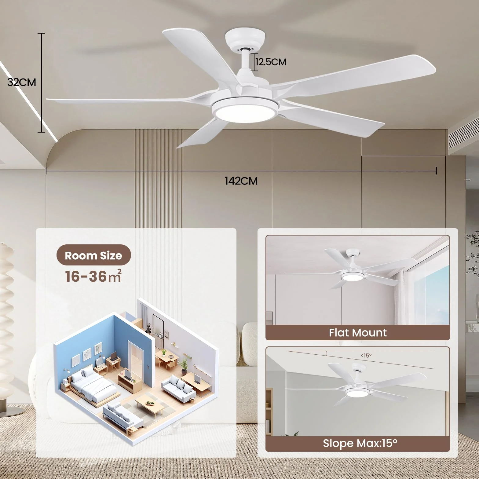 Newday Ventilador de Techo Blanco 142cm con Luz, Mando a Distancia, Motor DC, 5 Aspas