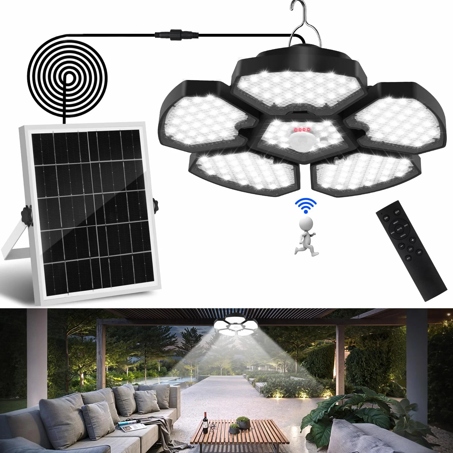 T-SUNUS Lámparas Solares Colgantes Exterior, Luz Solar Exterior Interior Sensor Movimiento, 5 Modos Iluminación Temporizador Memoria 4 Brillo IP65 Impermeable, para Terraza Casa Garaje Balcón Jardín