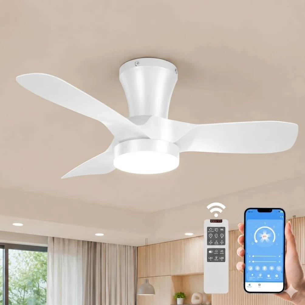Ventilador de Techo con Luz 80cm, con Mando y App, Motor DC Silencioso, 6 Velocidades, Verano/Invierno, Memoria, Regulable 3000K-6000K, Temporizador, para Techos Bajos Dormitorio Salón Comedor Cocina