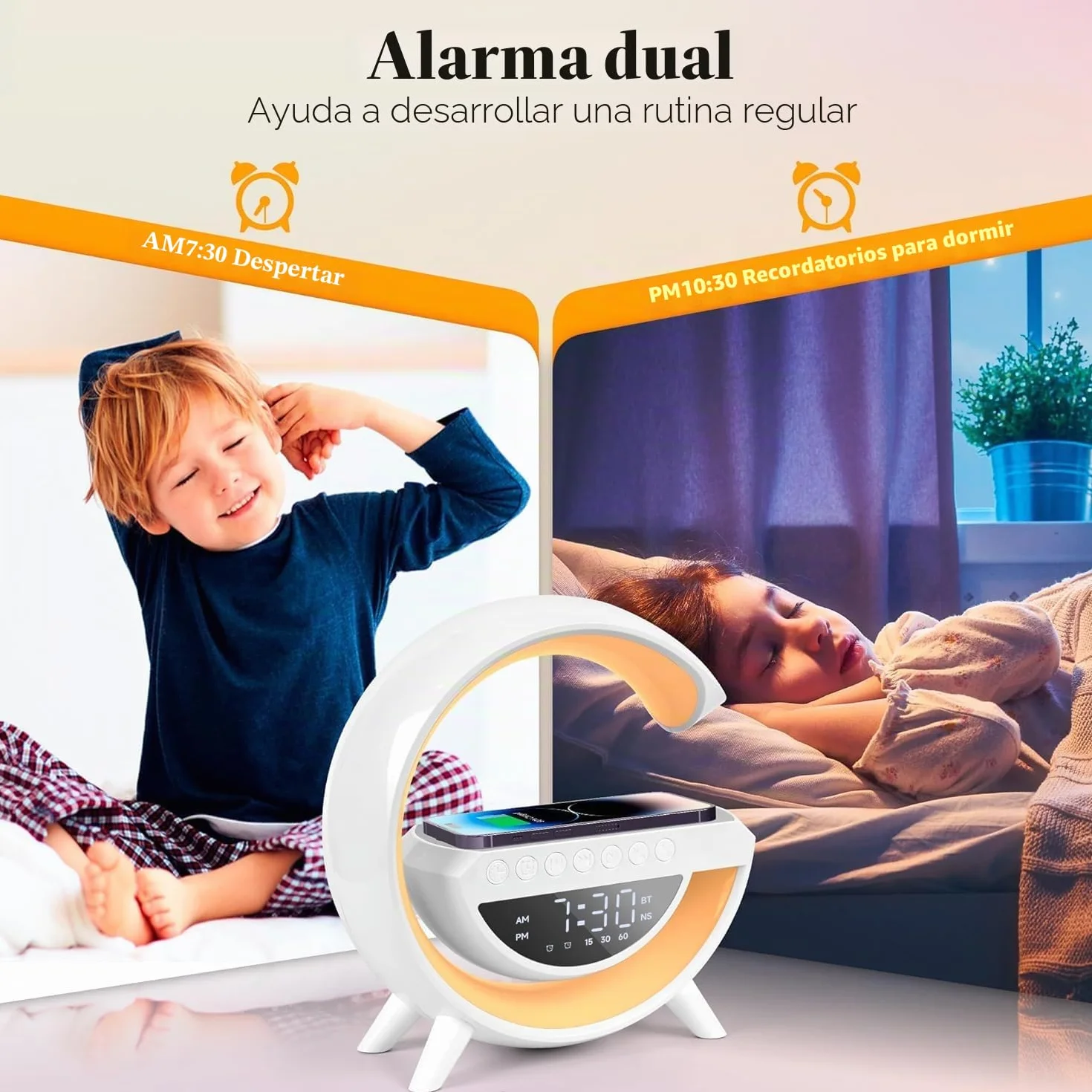 Lámpara con Cargador Inalámbrico 15W, Estación de Carga con Altavoz Bluetooth, Despertador Digital con Luz RGB y Luz Nocturna, Multifuncional para Dormitorio, Camping y Viajes