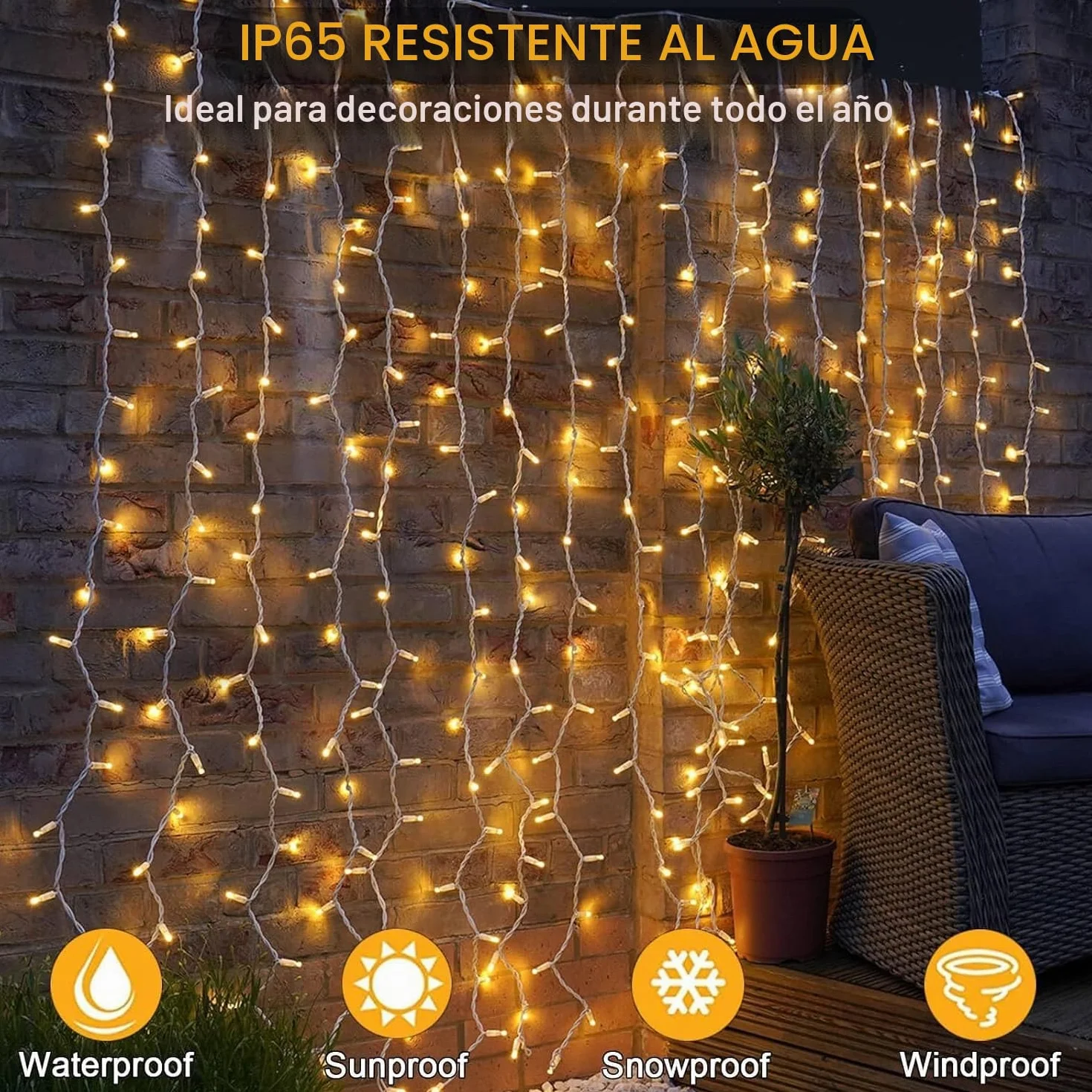 yowin Cortina de Luces 600 LED 6mx3m Luces Navidad Impermeable Cascada Blanco Cálido
