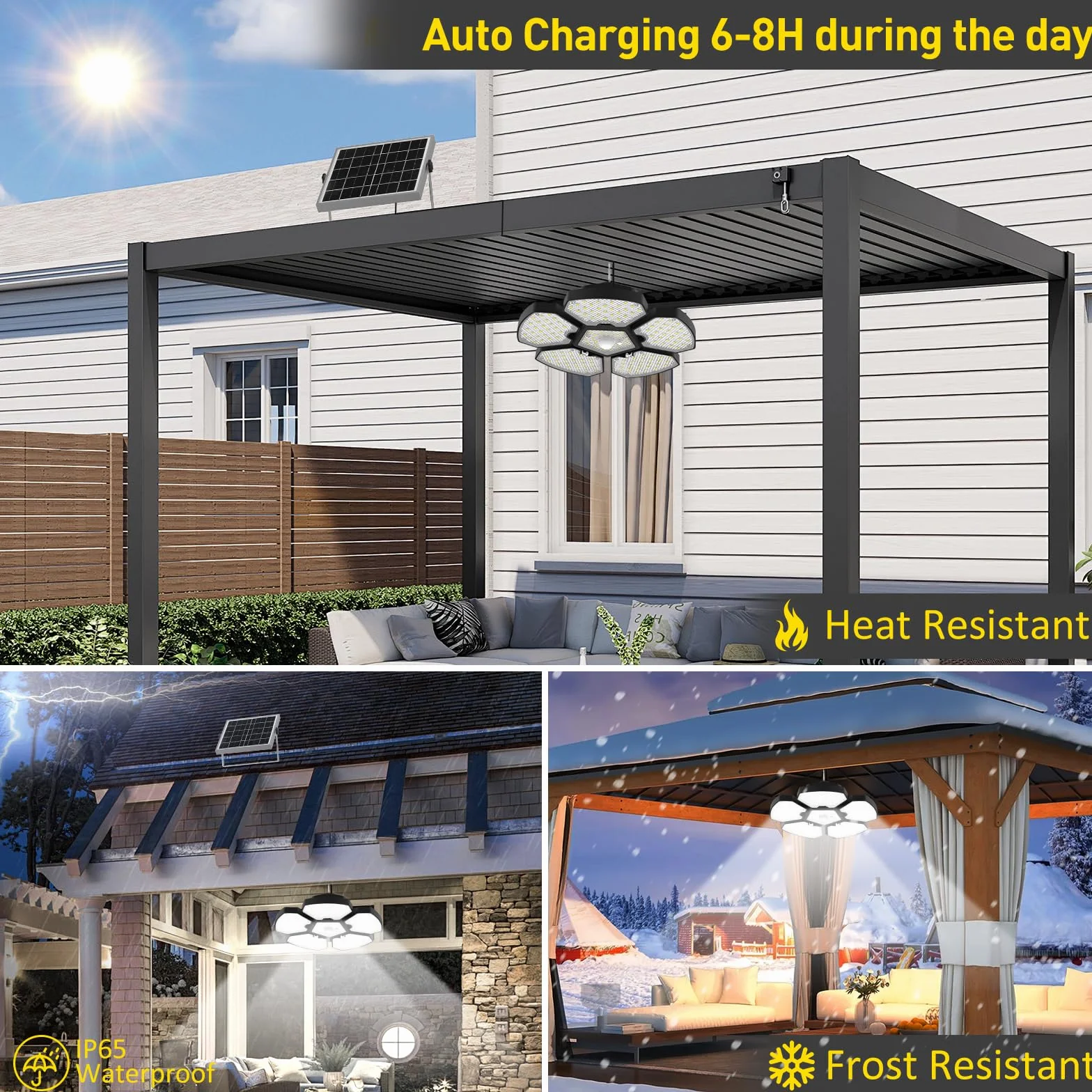 T-SUNUS Lámparas Solares Colgantes Exterior, Luz Solar Exterior Interior Sensor Movimiento, 5 Modos Iluminación Temporizador Memoria 4 Brillo IP65 Impermeable, para Terraza Casa Garaje Balcón Jardín