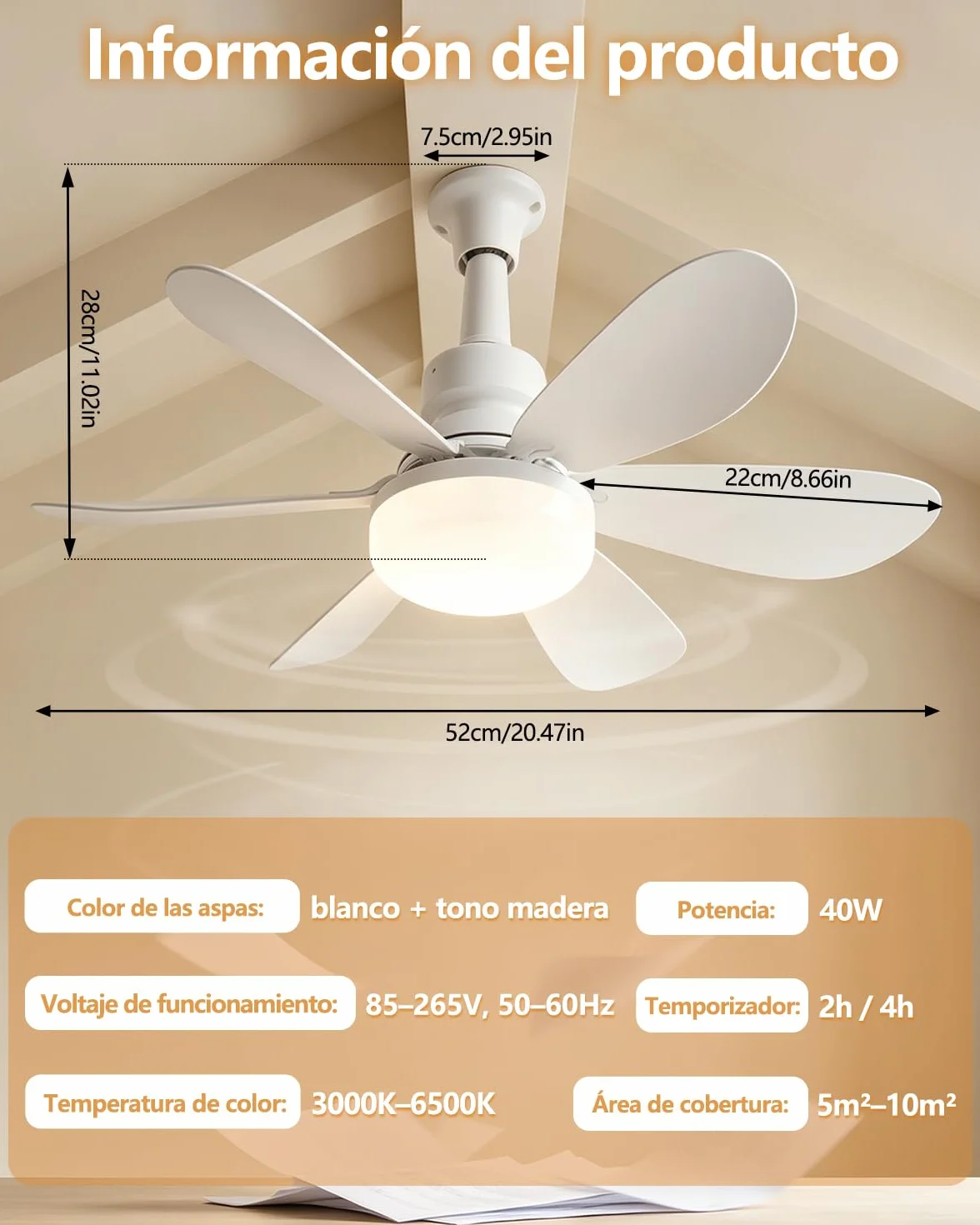 Ventilador de Techo 52cm con Luz LED 40W Regulable, Silencioso, 3 Velocidades, E27, para Interior Exterior