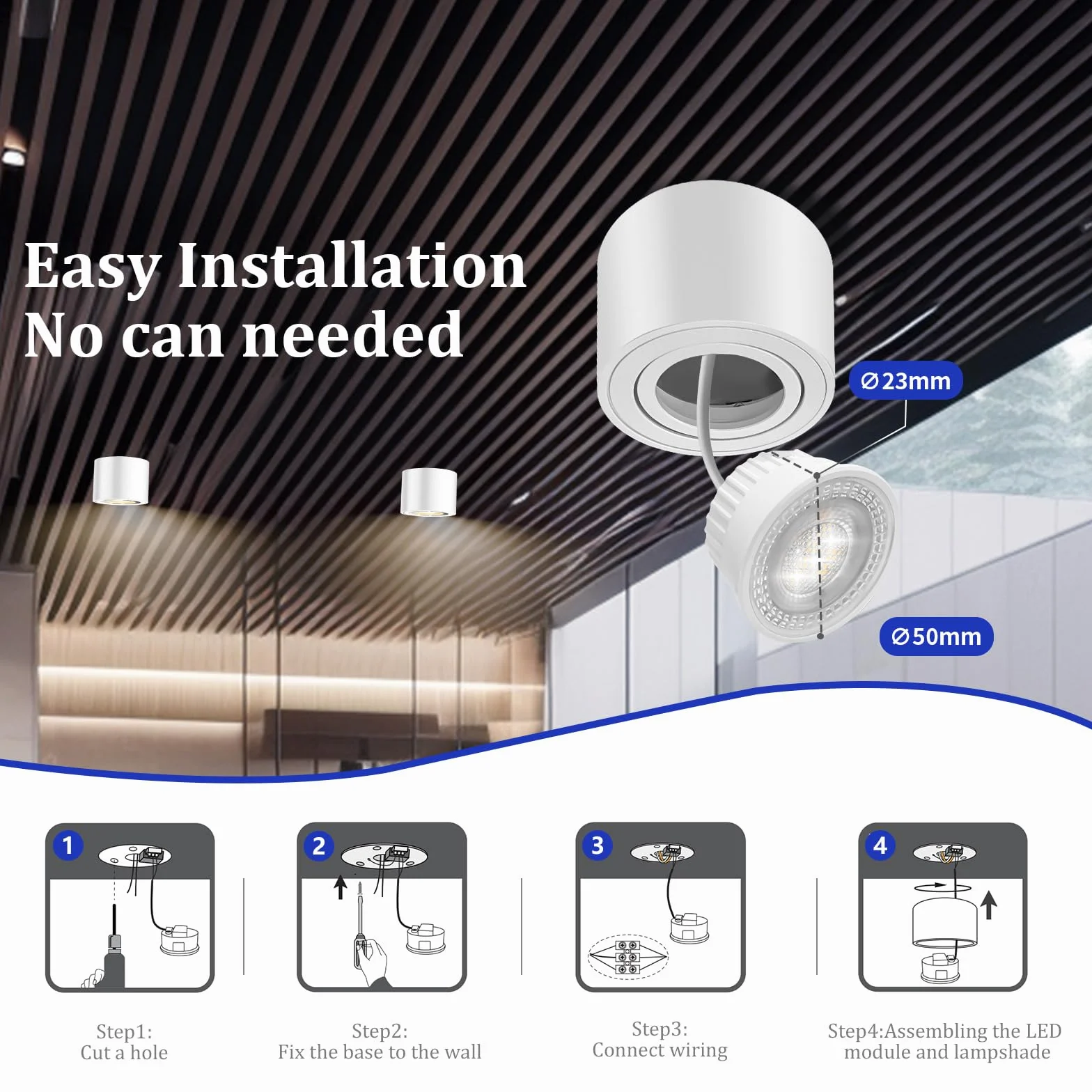 GeyouLux Focos LED Techo Superficie 230V 5W 500LM 3000K Ø80x50mm Ultradelgado Ajustable 38° Aluminio Blanco