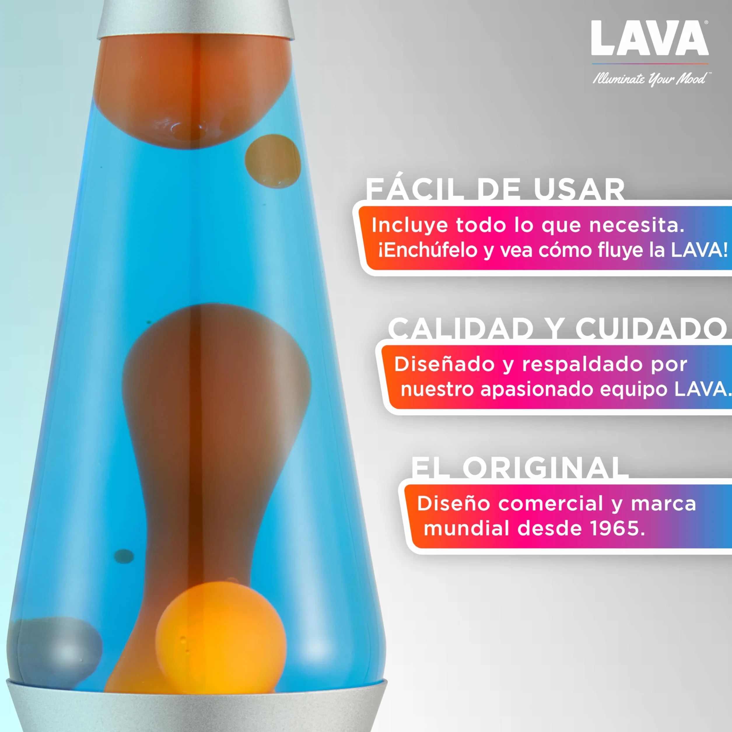 LAVA® Lámpara Lava 2117, original 14,5 pulgadas, cera naranja, líquido azul, plateado