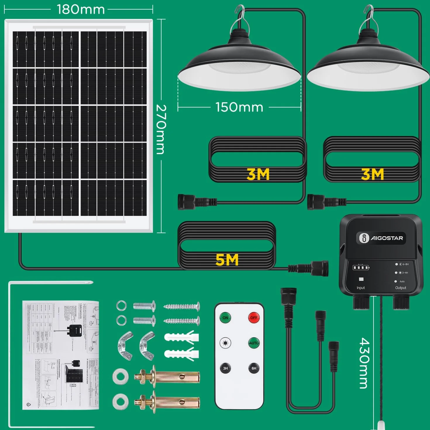 Aigostar - Luz solar exterior con mando a distancia y cuerda de tracción，cable de 11 m，batería de gran capacidad de 6000 mAh，IP65.Luz solar para interior/exterior，jardín，camping，2 lámparas