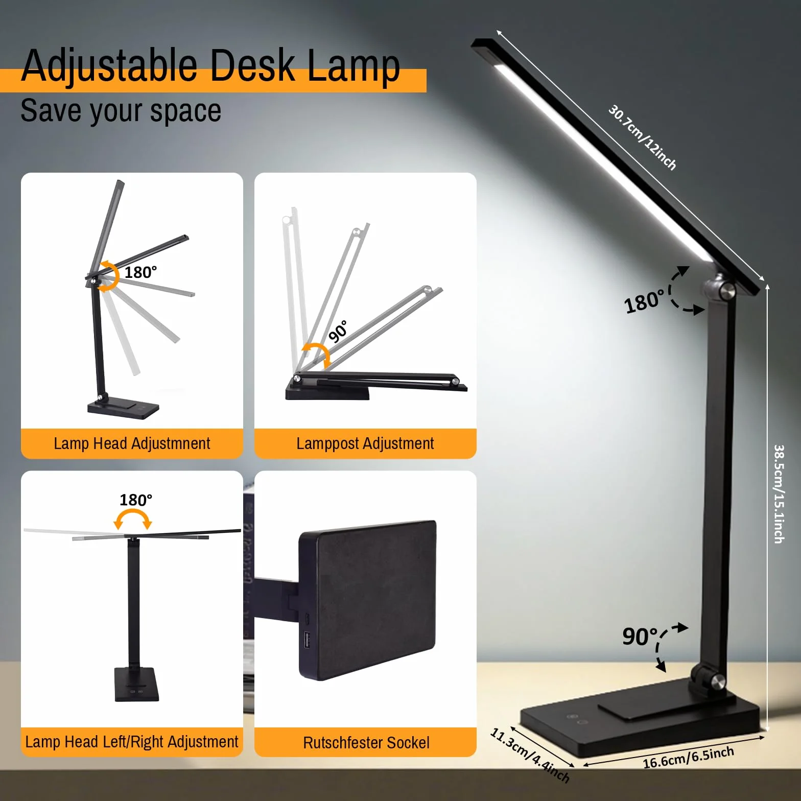 Lámpara Escritorio LED, 800LM 2600mAh Flexo LED Escritorio sin Cable, 5 Modos, 5 Niveles de Brillo Lámpara de Mesa Aluminio & Plegable con Puerto USB para Cama, Estudiar