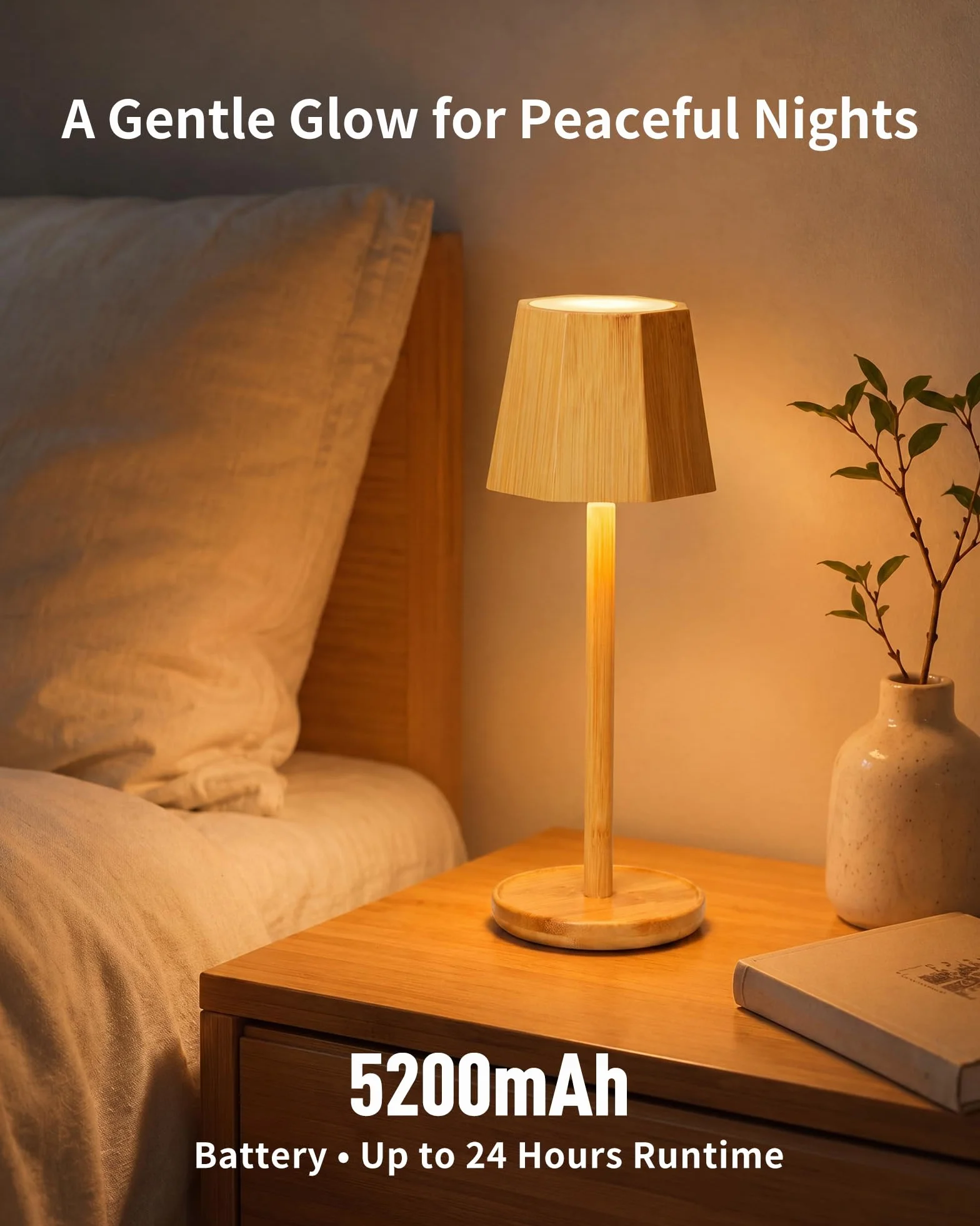 Lámpara LED de Mesa Inalámbrica Recargable Touch Dimmerable Bambú Impermeable BAMO TL12