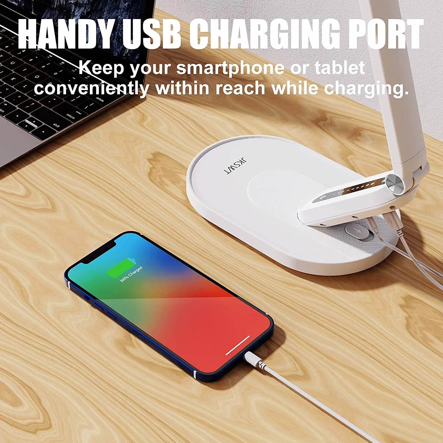 JKSWT Lámpara de escritorio LED, Lámparas de mesa para el cuidado de ojos protege los ojos Lámpara de oficina regulable con 5 modos de color Puerto de carga USB Control táctil y función de memoria