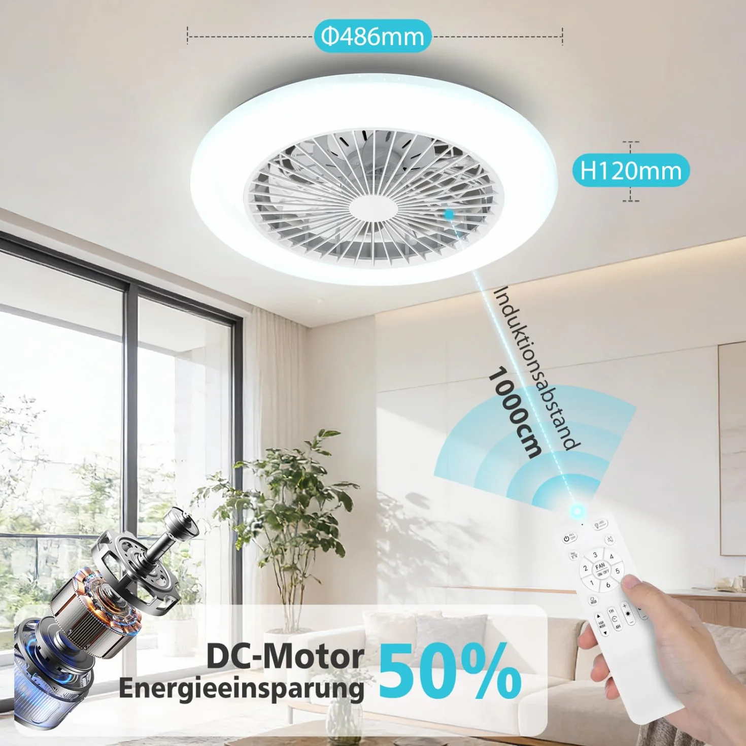 Aigostar Ventilador de Techo con Luz y Mando, Plafón LED 40W RGB+CCT Regulable, Motor Silencioso, 7 Aspas, Temporizador, 19.5" Blanco