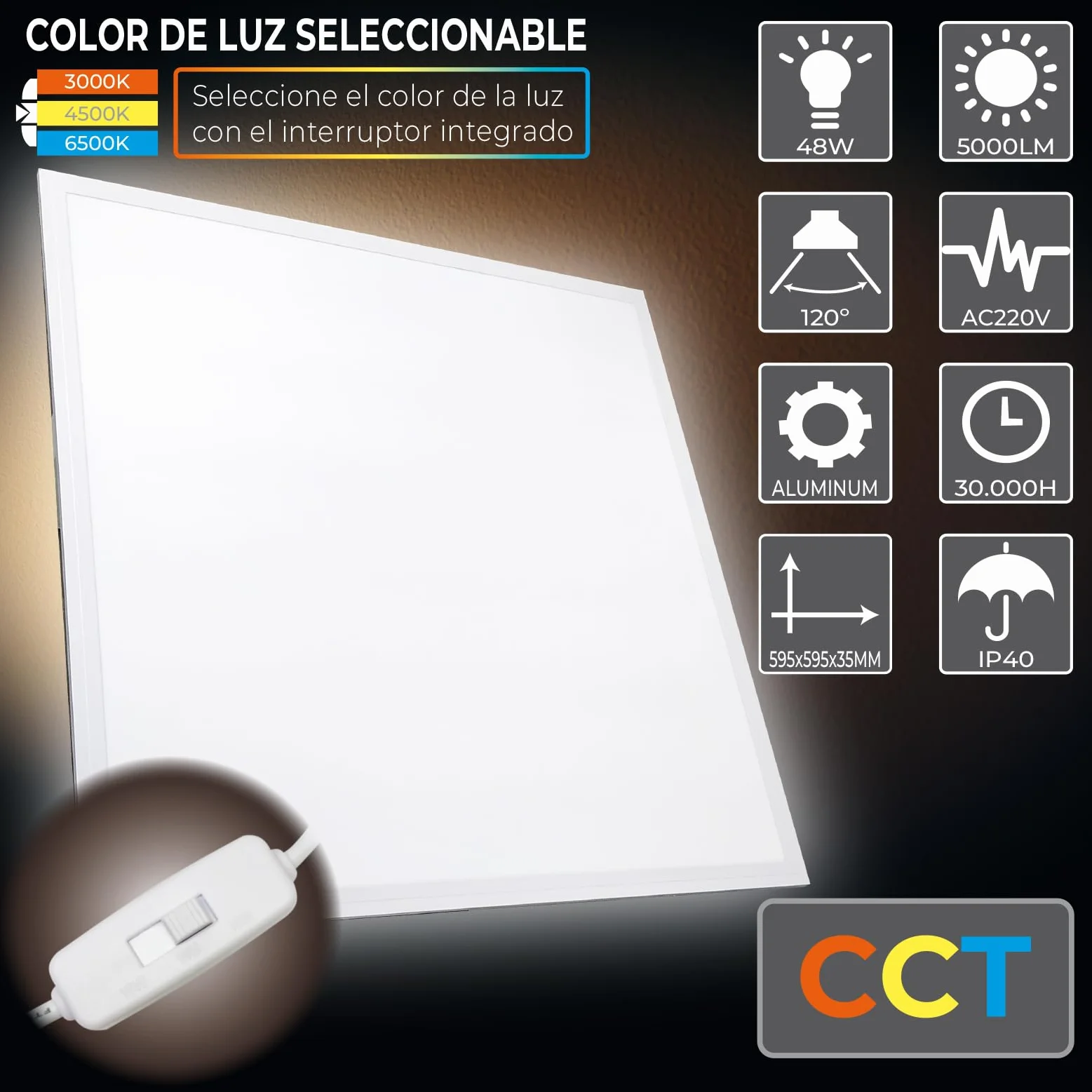 LED ATOMANT Panel LED Empotrable 60x60cm 48W, CCT (Selector de Color Blanco Calido, Neutro y Frio), 5000 Lumenes, Driver incluido