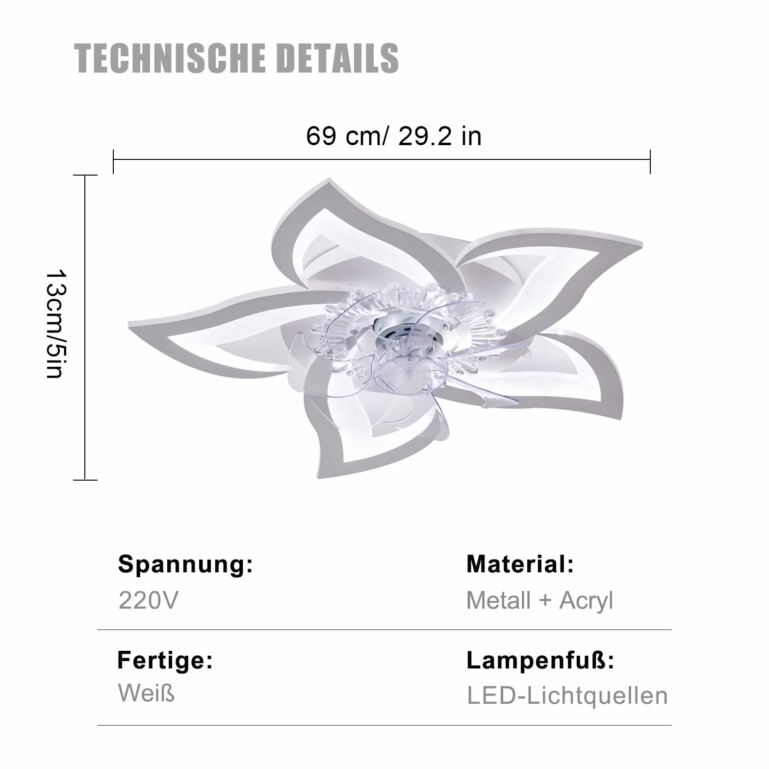 Ventilador de techo con Luz LED Regulable Silencioso Mando a Distancia APP 69cm Blanco