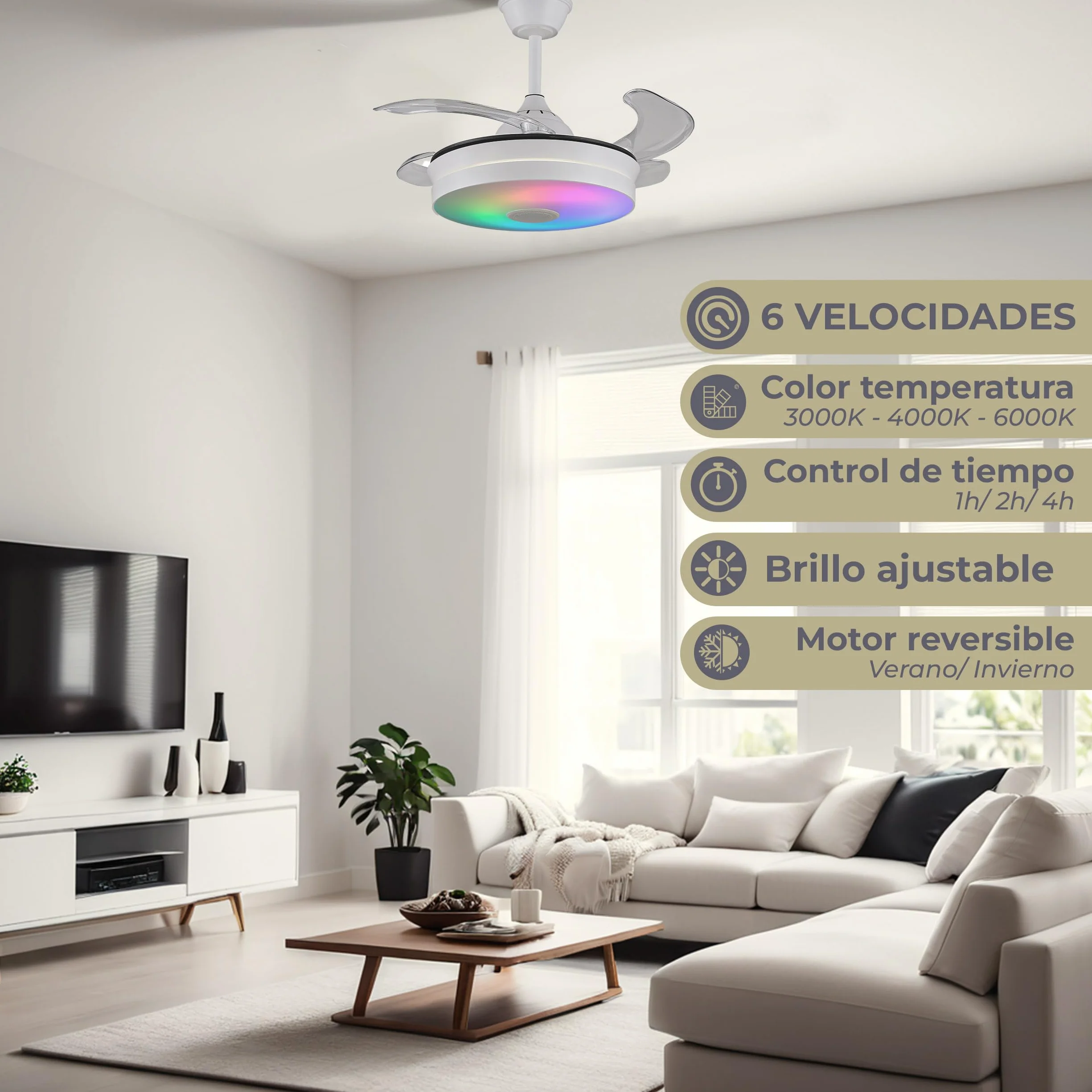 LUMIKING Ventilador de Techo con Luz LED - Aspas Retráctiles, Música y RGB - Silencioso con Lámpara y Moderno con Mando a Distancia, Bluetooth y APP para Salón y Dormitorio (92 cm)
