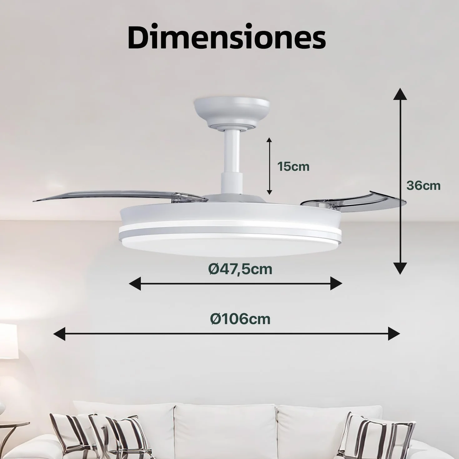 LEDUNI Ventilador con Luz LED 72w 7590LM con mando a distancia, Motor DC temporizador, 6 velocidades, aspas retráctiles, 3 temperaturas de luz, función verano-invierno Silencioso (Blanco)