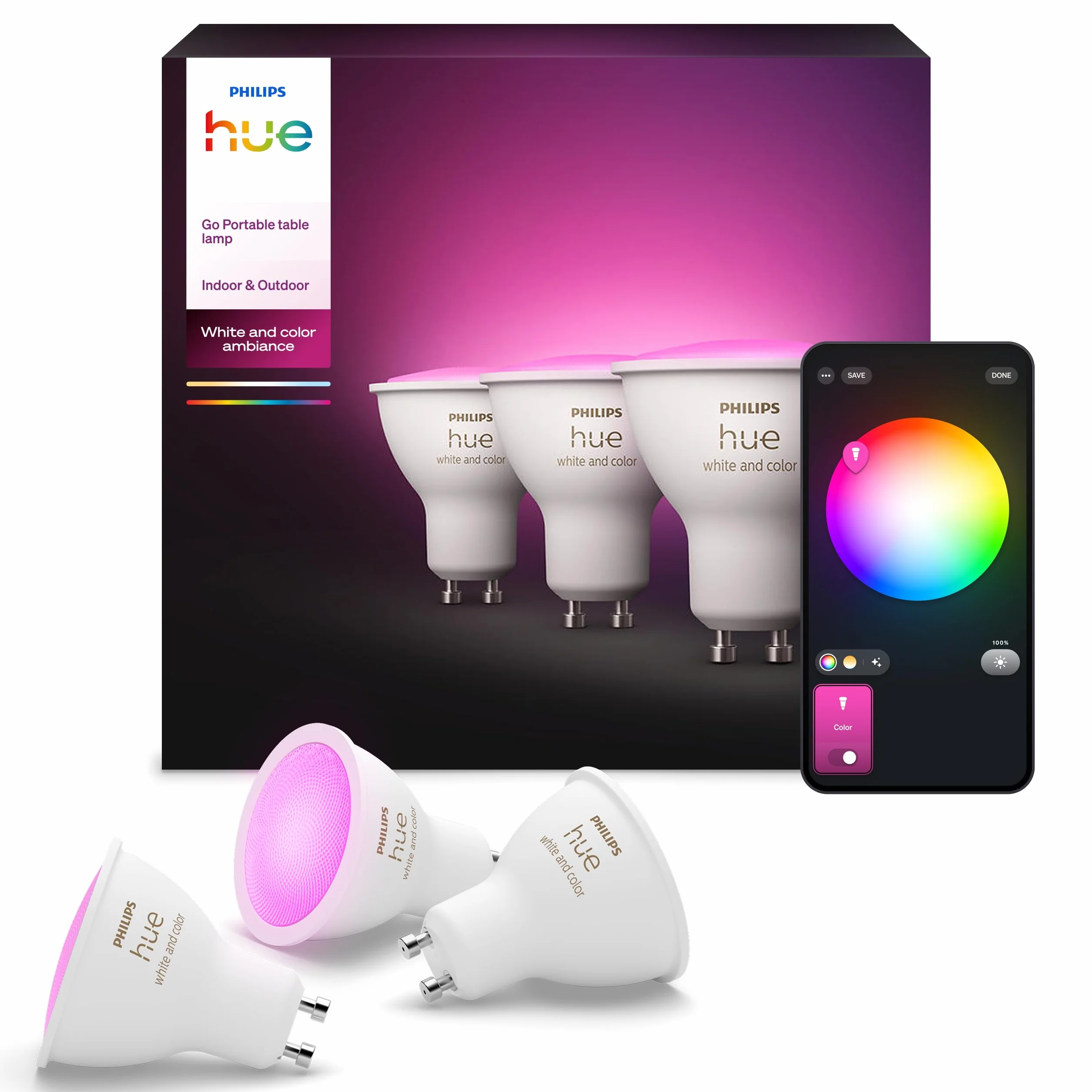 Philips Hue - Bombilla LED Inteligente, GU10, Luz Blanca y de Colores, 4.2W 400 lúmens, Compatible con Alexa y Google Home - Pack de 3 Bombillas LED inteligentes