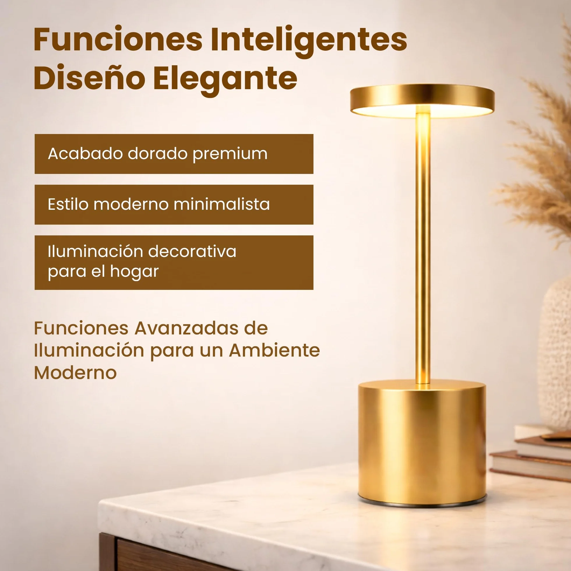 Lámparas de Mesa LED Inalámbricas Recargables Doradas Pack 2 – Control Táctil, 3 Modos de Luz, Brillo Regulable