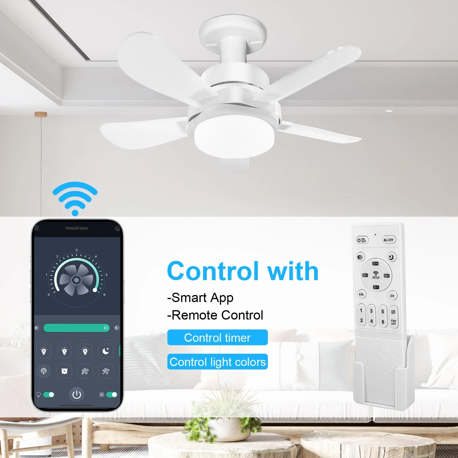 Ventilador de Techo con Luz LED 40 cm, E27, 6 Palas, Motor DC 6 Velocidades, 6000K Blanco