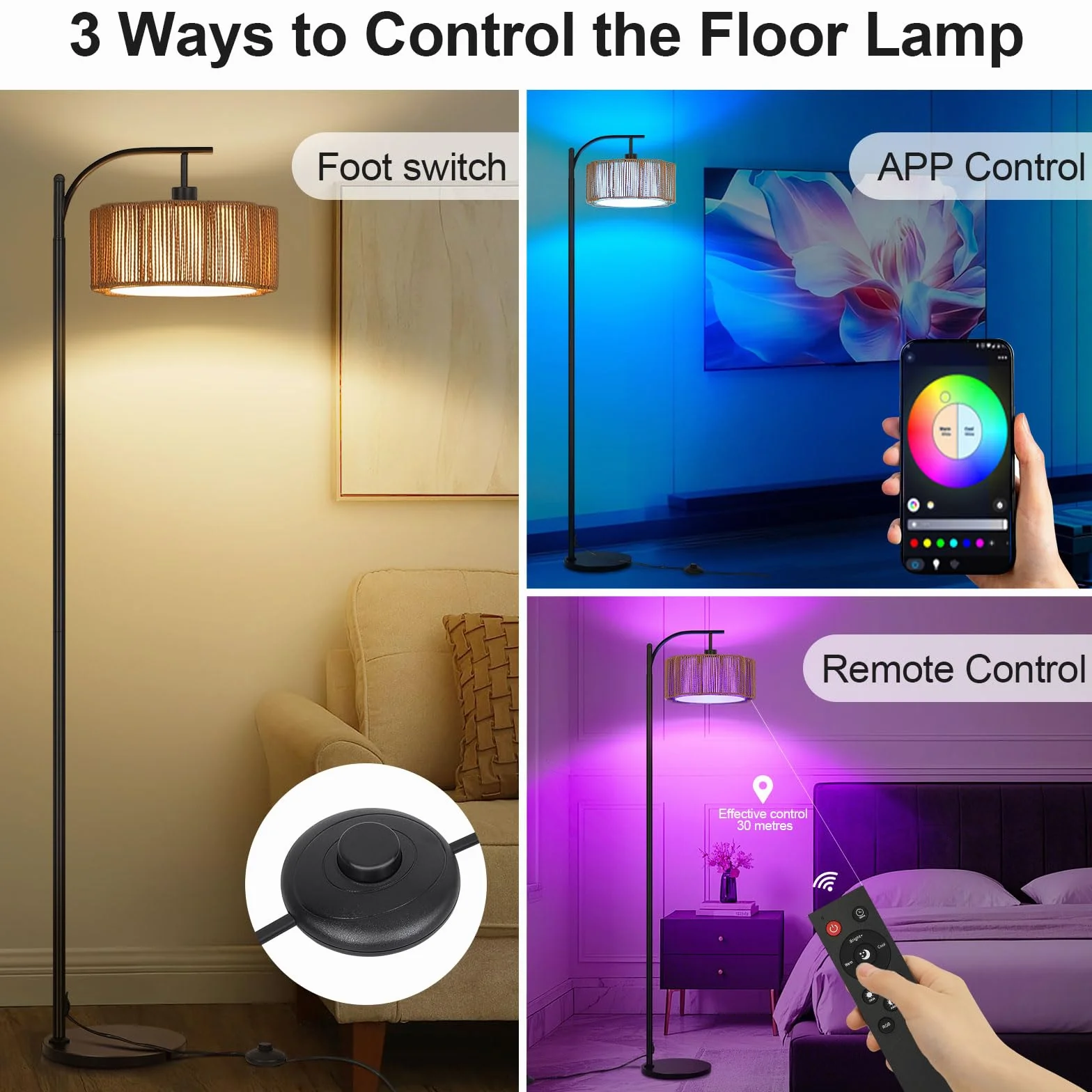 Lámpara de Pie RGB Regulable con APP y Mando, Ratán Boho Inteligente con Temporizador, Modo Música y DIY, Bombilla E27 Incluida