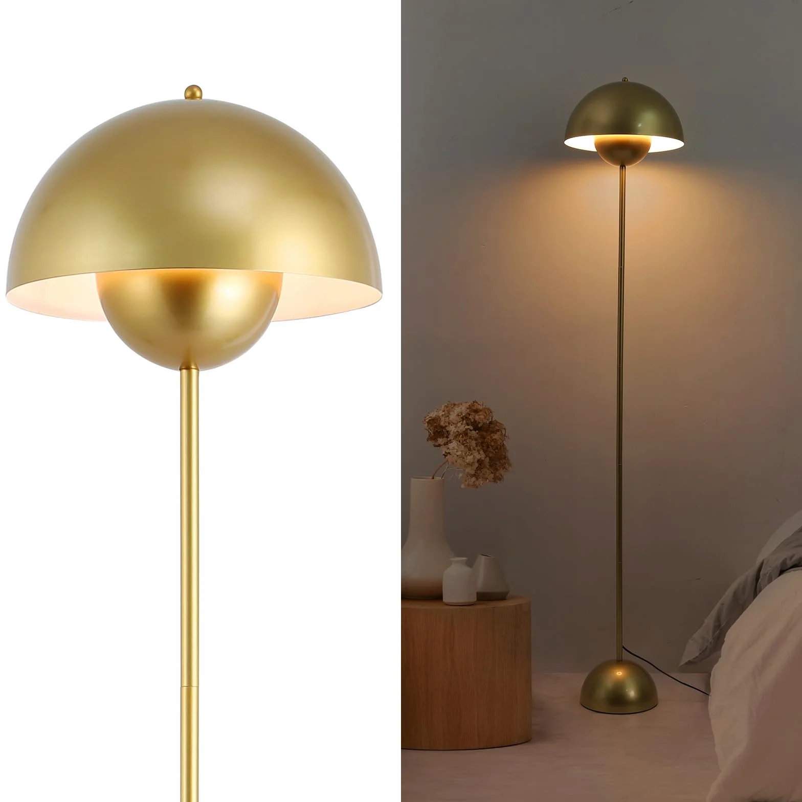 Alpinaluz Lámpara de Pie Dorada Aluminio Pantalla Forma Parabólica Abovedada E27 Estilo Clásico Moderno Nórdico para Salón Comedor