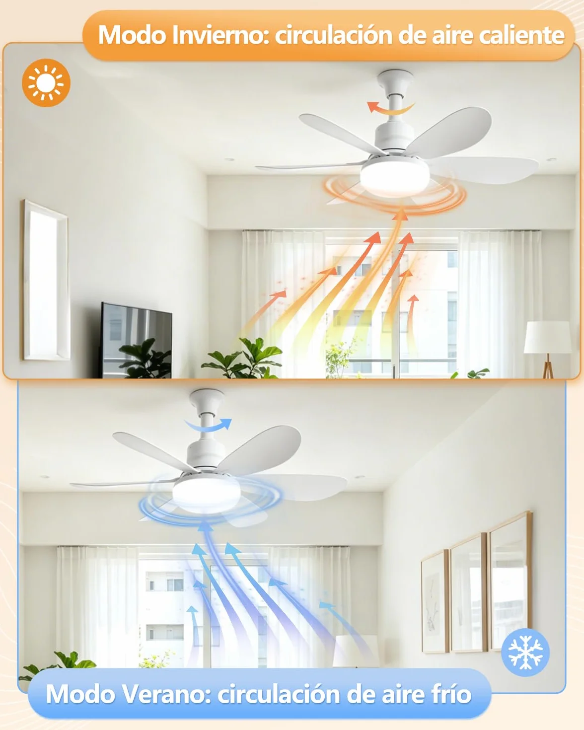 Ventilador de Techo 52cm con Luz LED 40W Regulable, Silencioso, 3 Velocidades, E27, para Interior Exterior