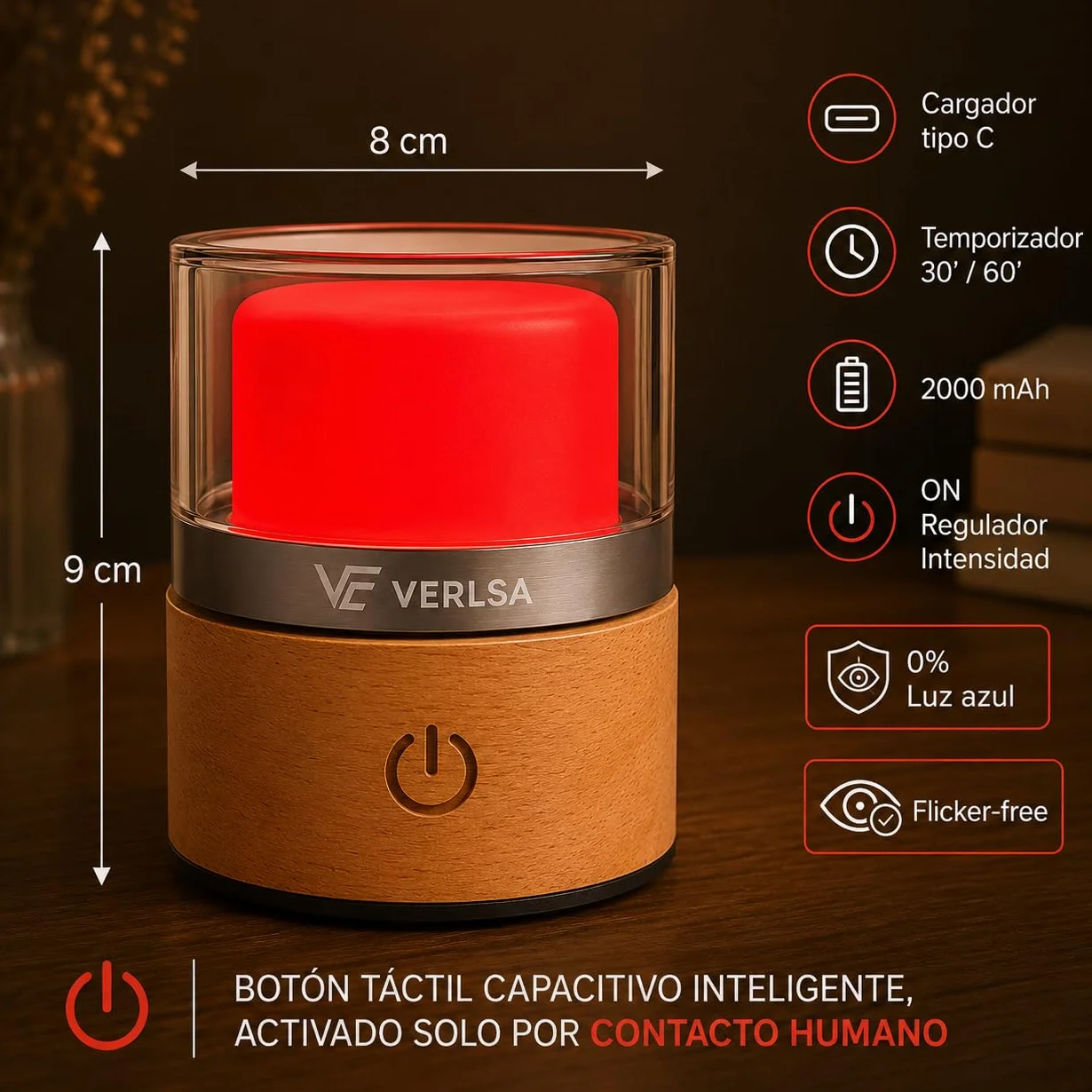 Lámpara Luz Roja Nocturna 660nm Terapia de Luz Roja Recargable Timer 30-60 min