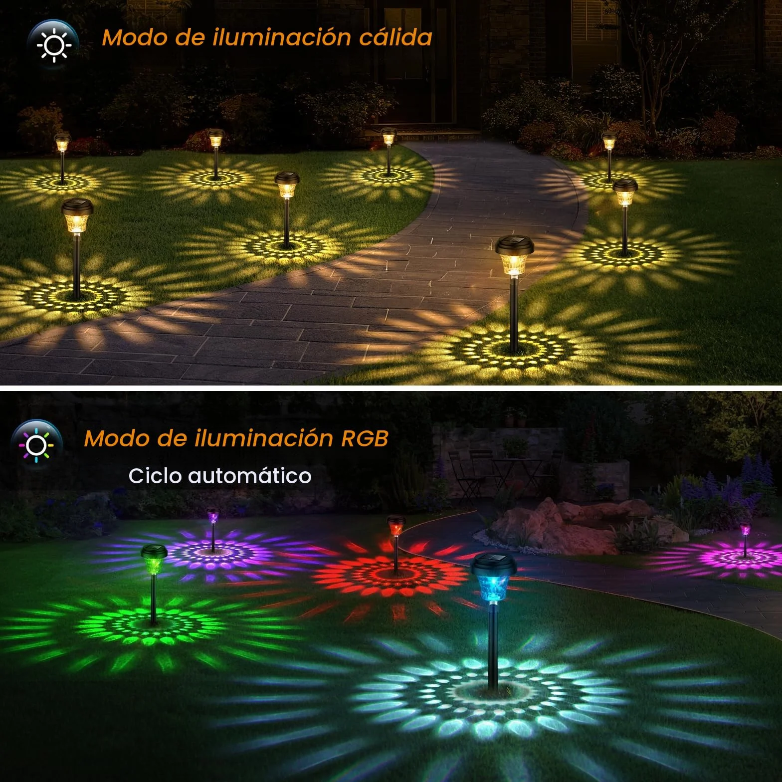 Lámpara solar exterior IP65 8 piezas luz cálida RGB jardín impermeable