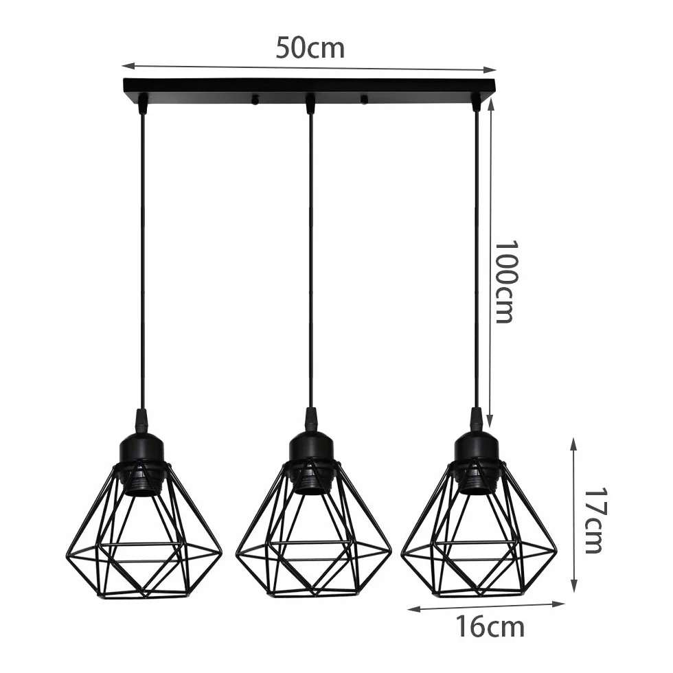 Lámpara Colgante E27 Vintage Industrial 3 Luces Negro Retro Techo 16cm
