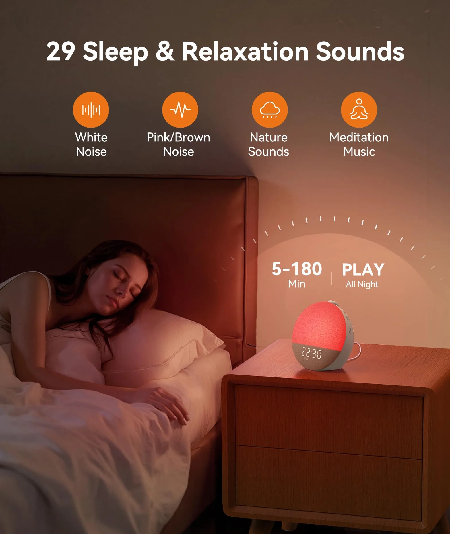 Dreamegg Sunrise Alarm Clock, 29 Sounds White Noise Machine, Adjustable Light & Display, 32 Volumes, 6 Alarms, 10 Colors, Timer, Snooze