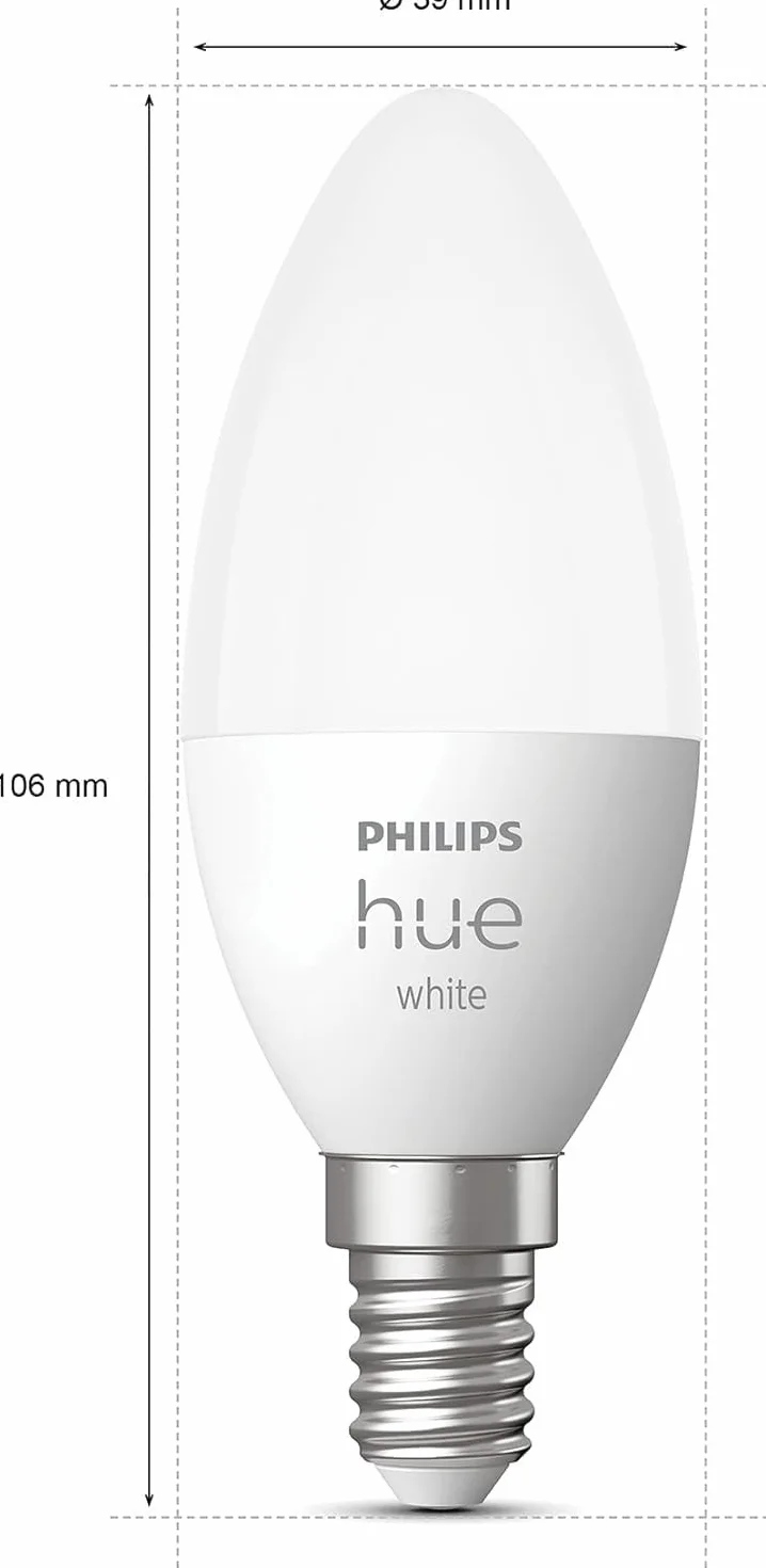 Philips Hue - Bombilla LED Inteligente, B39 E14, Luz Blanca Cálida Regulable, 5.5W 470 Lumens, Compatible con Alexa y Google Home - Pack de 2 Bombillas LED Inteligentes