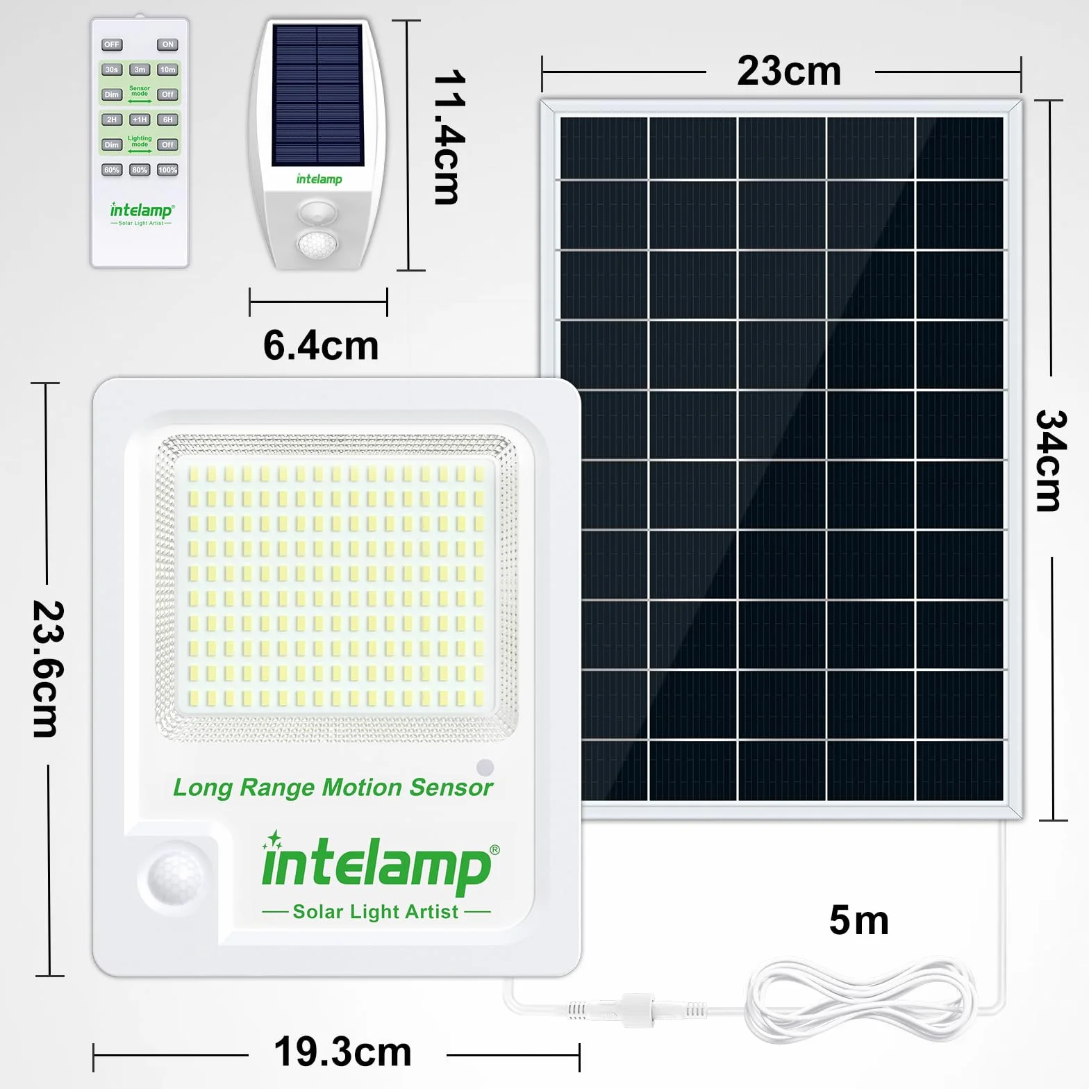 intelamp Foco LED Solar Exterior 2000LM, Batería 12000mAh, Color Blanco 6500K, Sensor de Movimiento con Caja Externa, 3 Modos, IP65 Impermeable, Lámpara de Seguridad para Jardín y Terraza