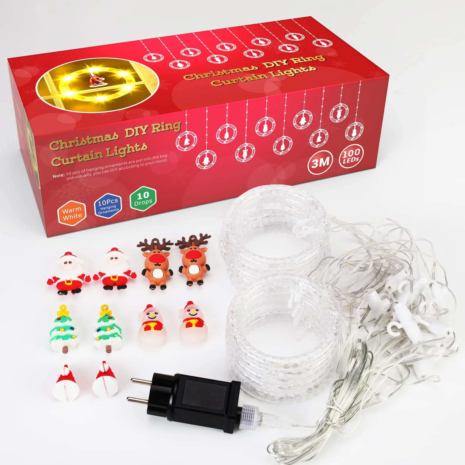 GlobaLink 3M x 0.7M Cortina Luces Navidad Enchufe con 10 Anillos Estatua, Impermeables 8 Modos Adornos para Natal Ventana Bodas Exterior Interior, Luz de Cadena Guirnalda, 100 LED, Blanco Cálido
