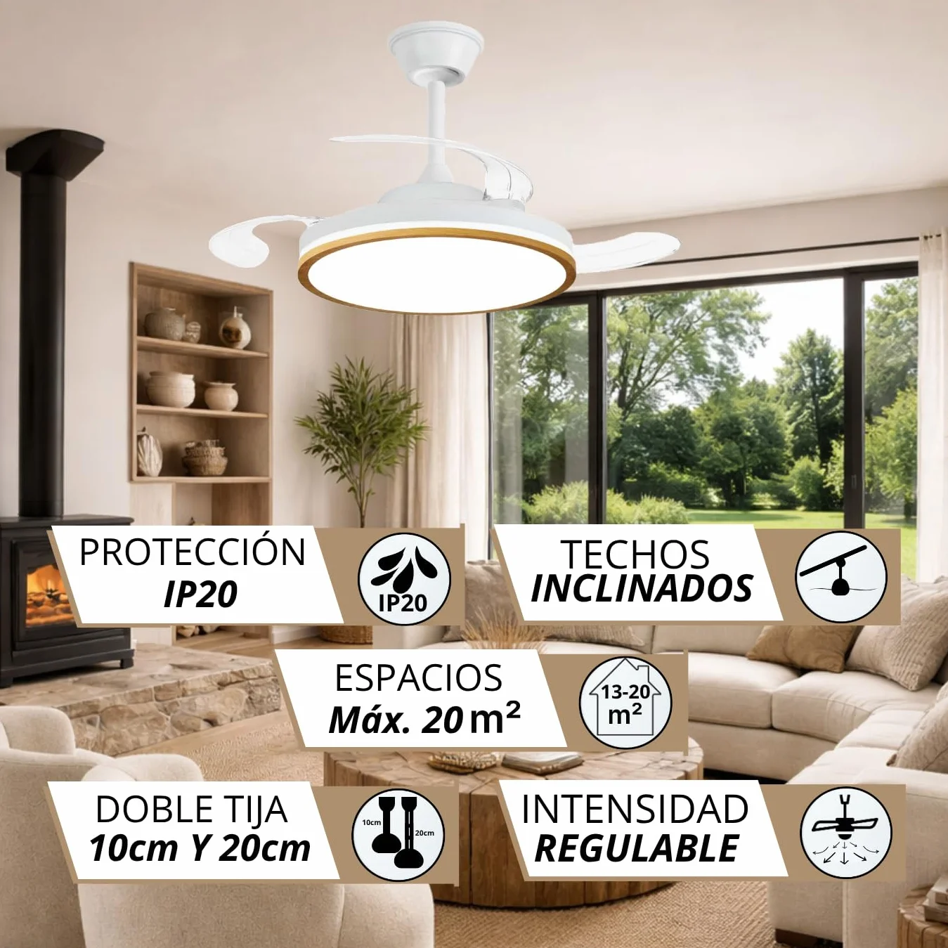 NARVI MORAIRA Ventilador de Techo Madera Roble con Luz LED Regulable, Motor DC Silencioso, 3 Aspas Retráctiles, Función Invierno Verano