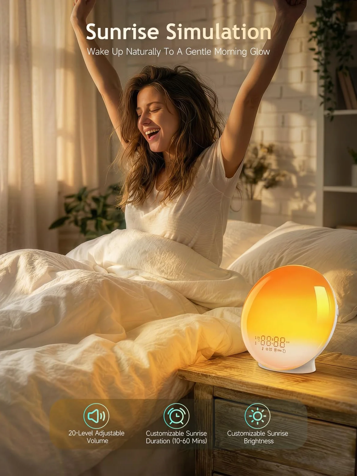 Despertador Luz Wake Up Light con Simulación de Amanecer y Atardecer, App Control, 4 Alarmas, Radio FM, 12 Colores