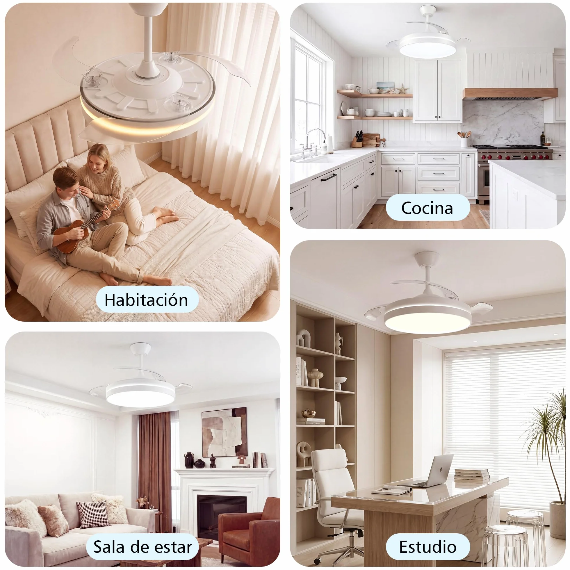 NIORSUN Ventilador de techo con luz,42" (106cm) Ventilador de techo,3 tonalidades, aspas desplegables, 40w 6 velocidades, APP&control remoto, Función Verano-Invierno,Blanco