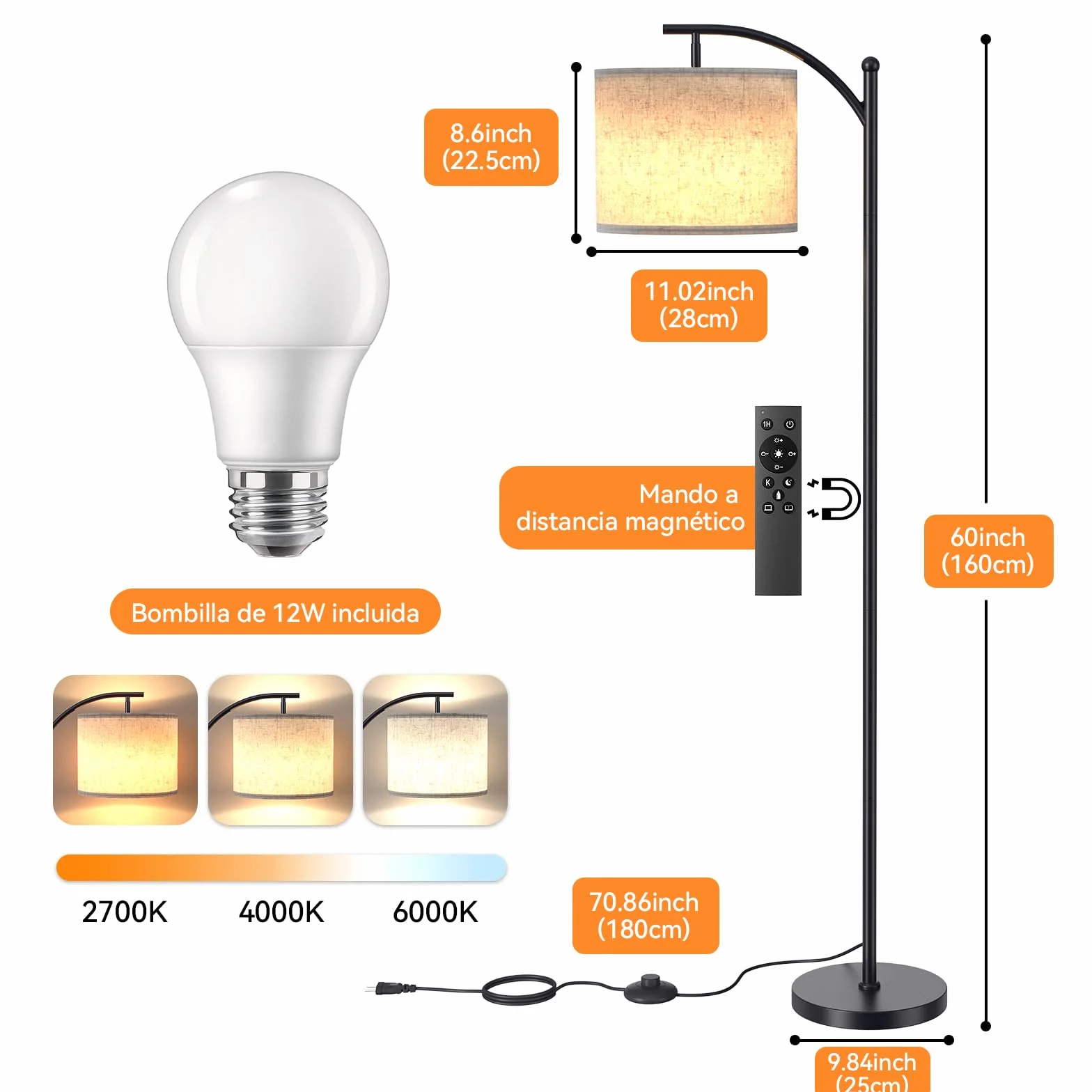 Lámpara de Pie LED Regulable 160cm con Pantalla de Lino, 3 Temperaturas de Color y Control Remoto