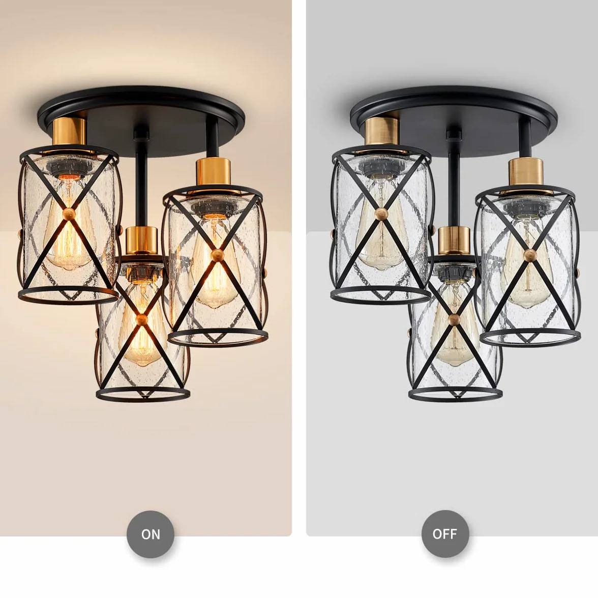 WUZUPS araña semi flushmount industrial 3-light plafon lámpara de techo transparente pantalla de cristal semillero para entrada porche vestíbulo cocina comedor baño, w29 h34, e27 base negra con latón