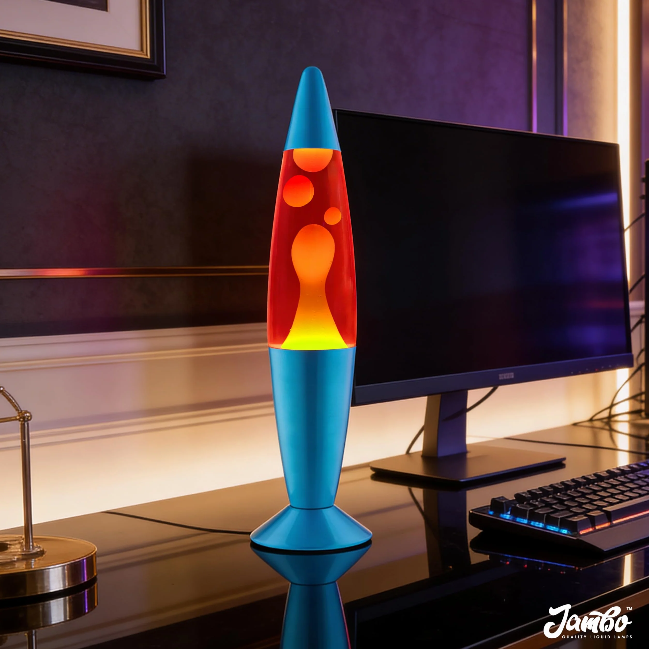 Jambo Lámpara de volcán azul con cera que fluye como lava, lámparas frescas, luces nocturnas para niños, adultos, adolescentes (16 pulgadas, base azul, líquido rojo, cera naranja)