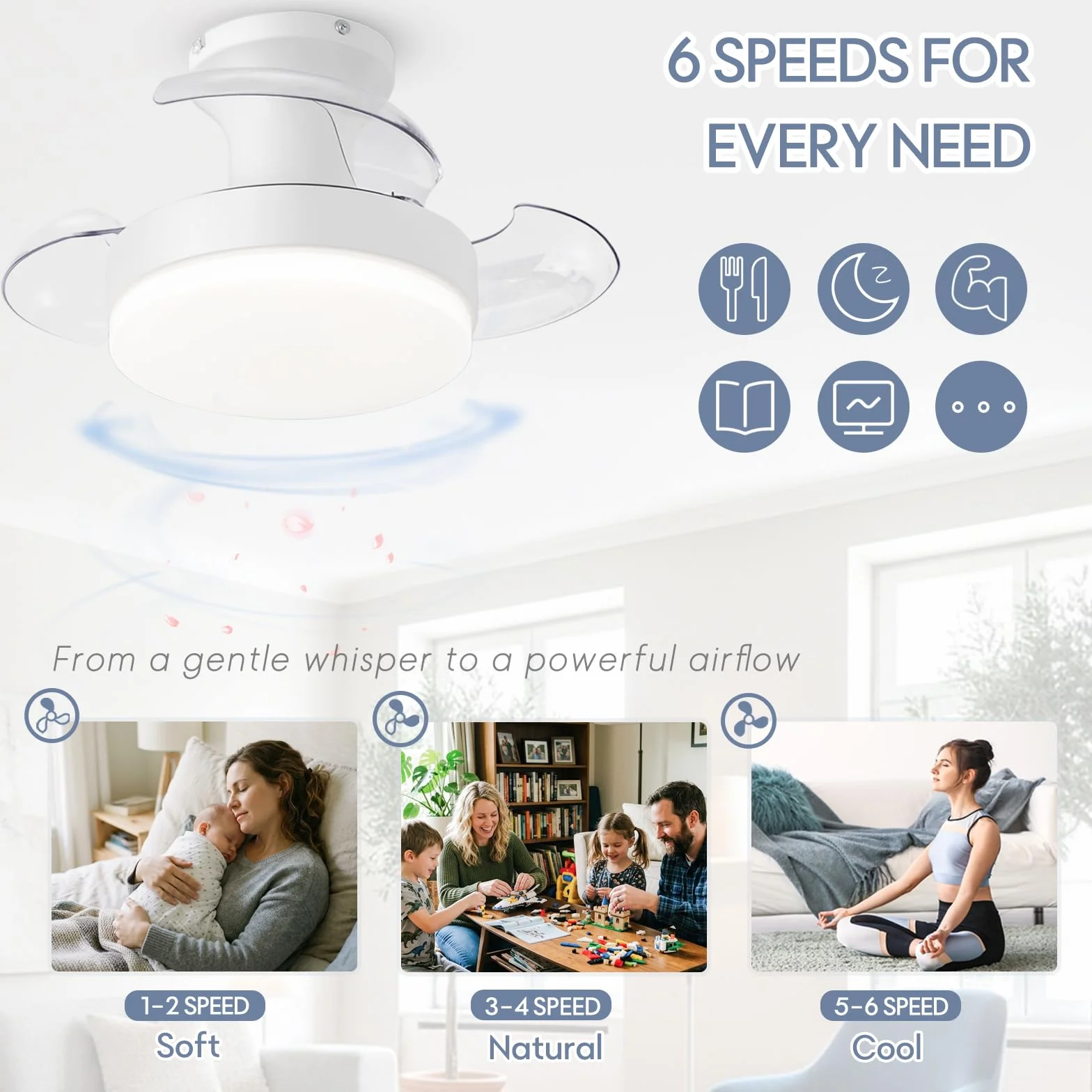Ventilador Techo Aspas Retráctiles Plegables, 52cm LED Regulable Mando, Motor DC Silencioso