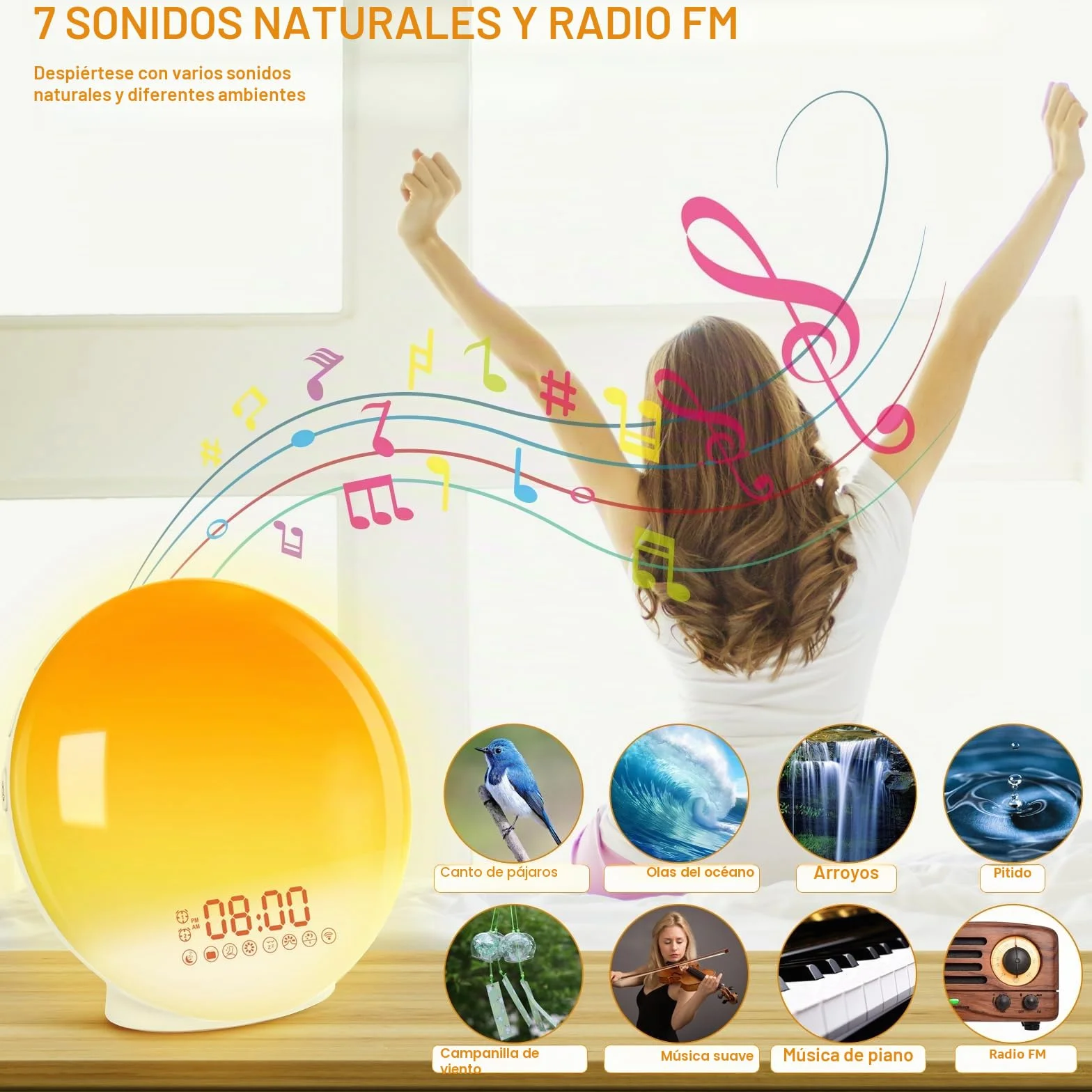 Cadrim Wake Up Light Despertador Luz Amanecer Simulación 7 Colores Snooze 8 Sonidos Naturales Radio FM 20 Niveles Brillo