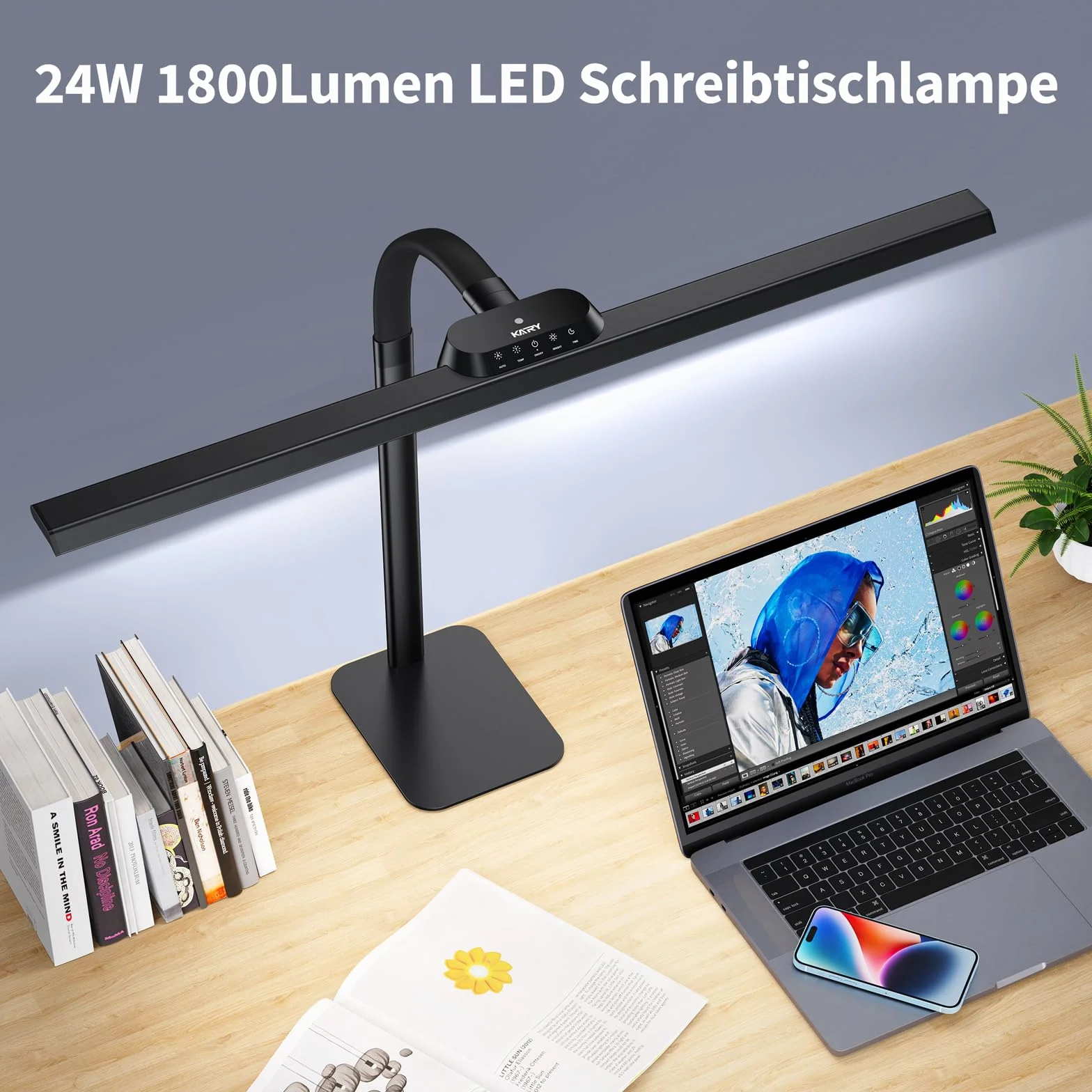 Kary Lámpara de escritorio LED con base, 24W 80cm 1800Lumen Lámpara de luz diurna regulable ultra brillante con Standfu para oficina, trabajo, diseño, arquitecto, regulación automática