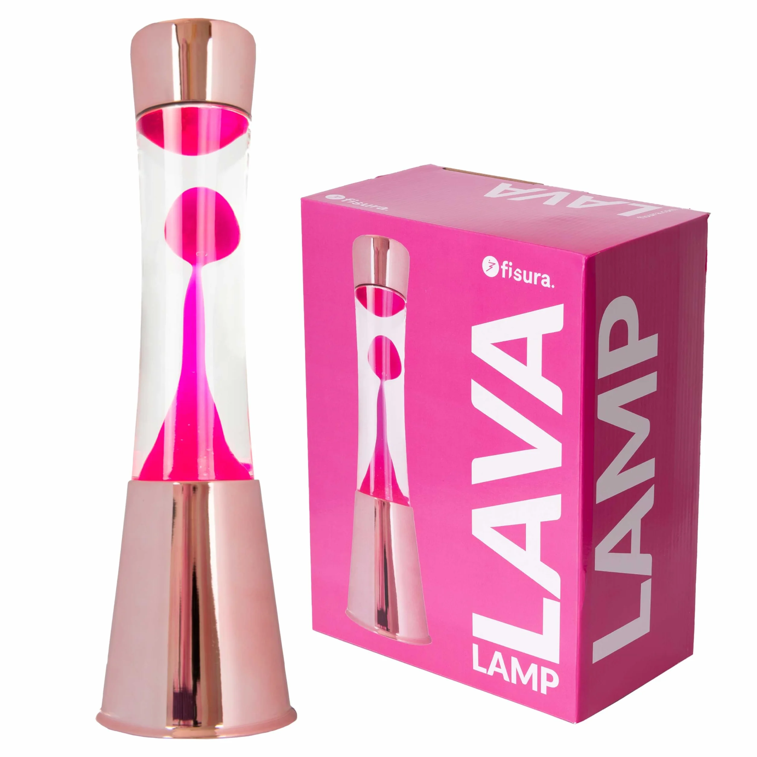 Fisura - Lámpara de lava rosa. Base cromada oro rosa, líquido transparente y lava. Lámpara efecto relajante. Con bombilla de repuesto. 11 cm x 11cm x 39,5 cm