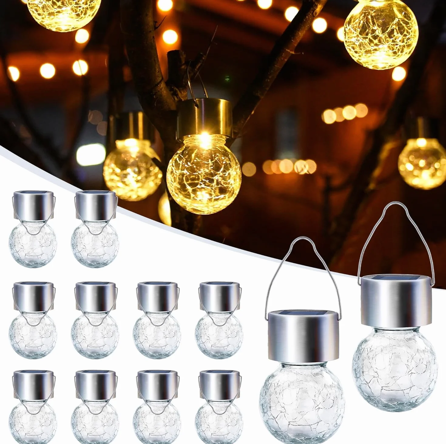 GIGALUMI Paquete de 12 luces solares para exteriores, luces solares colgantes para decoración de Navidad, luces solares de vidrio agrietado para exteriores, impermeables, para jardín, patio, valla,