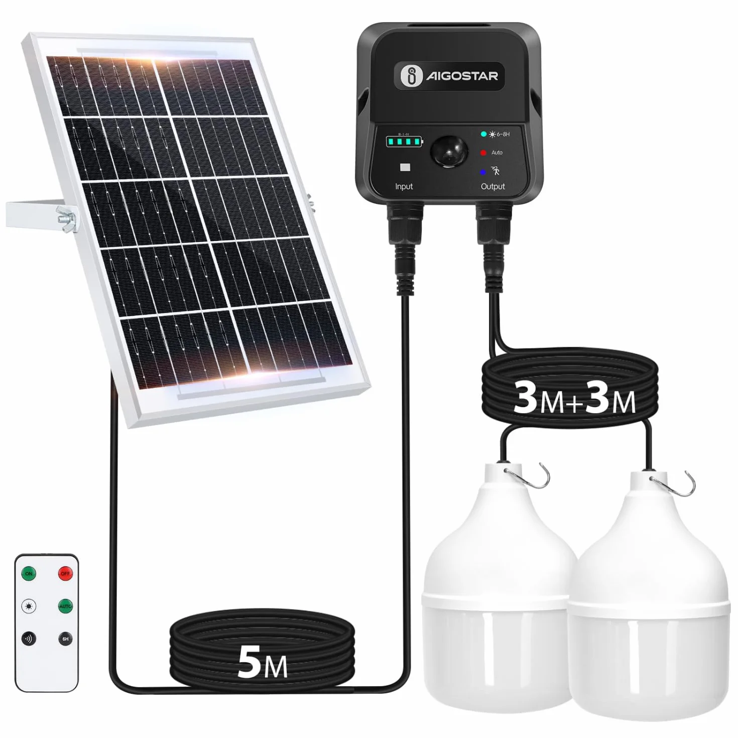 Aigostar- Luz Solar Exterior con Sensor 70W, Lámpara Solar Exterior con Mando a Distancia y Caja de Almacenamiento de Energía, Cable de 11M, IP65 Impermeable, para Interior, Jardín, Camping, Pesca